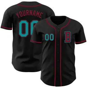 Custom Black Teal-Crimson Authentic Baseball Jersey