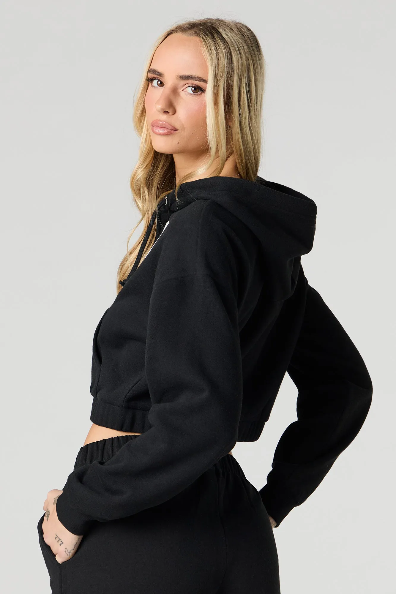 Embroidered Cropped Fleece Zip-Up Hoodie
