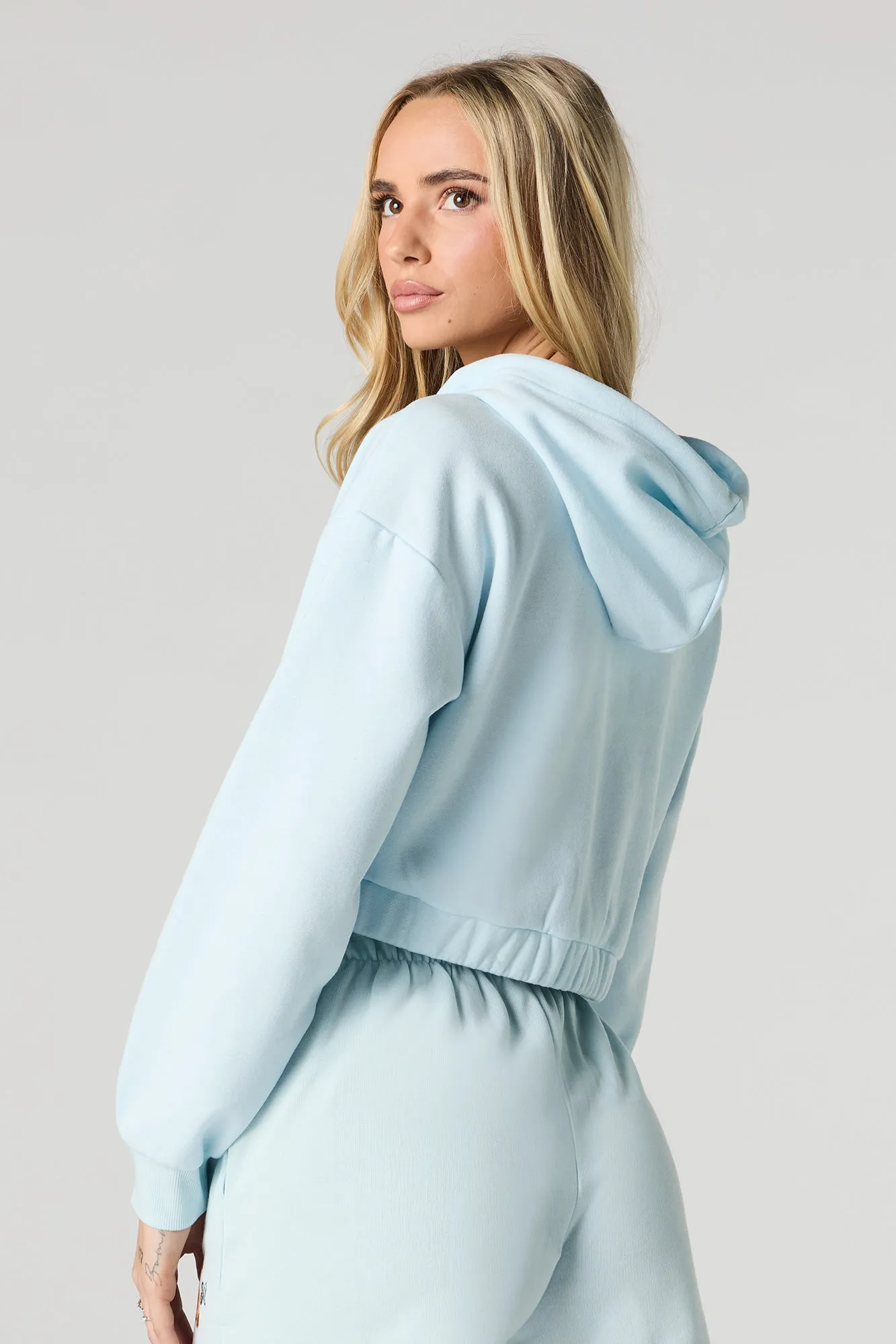 Embroidered Cropped Fleece Zip-Up Hoodie