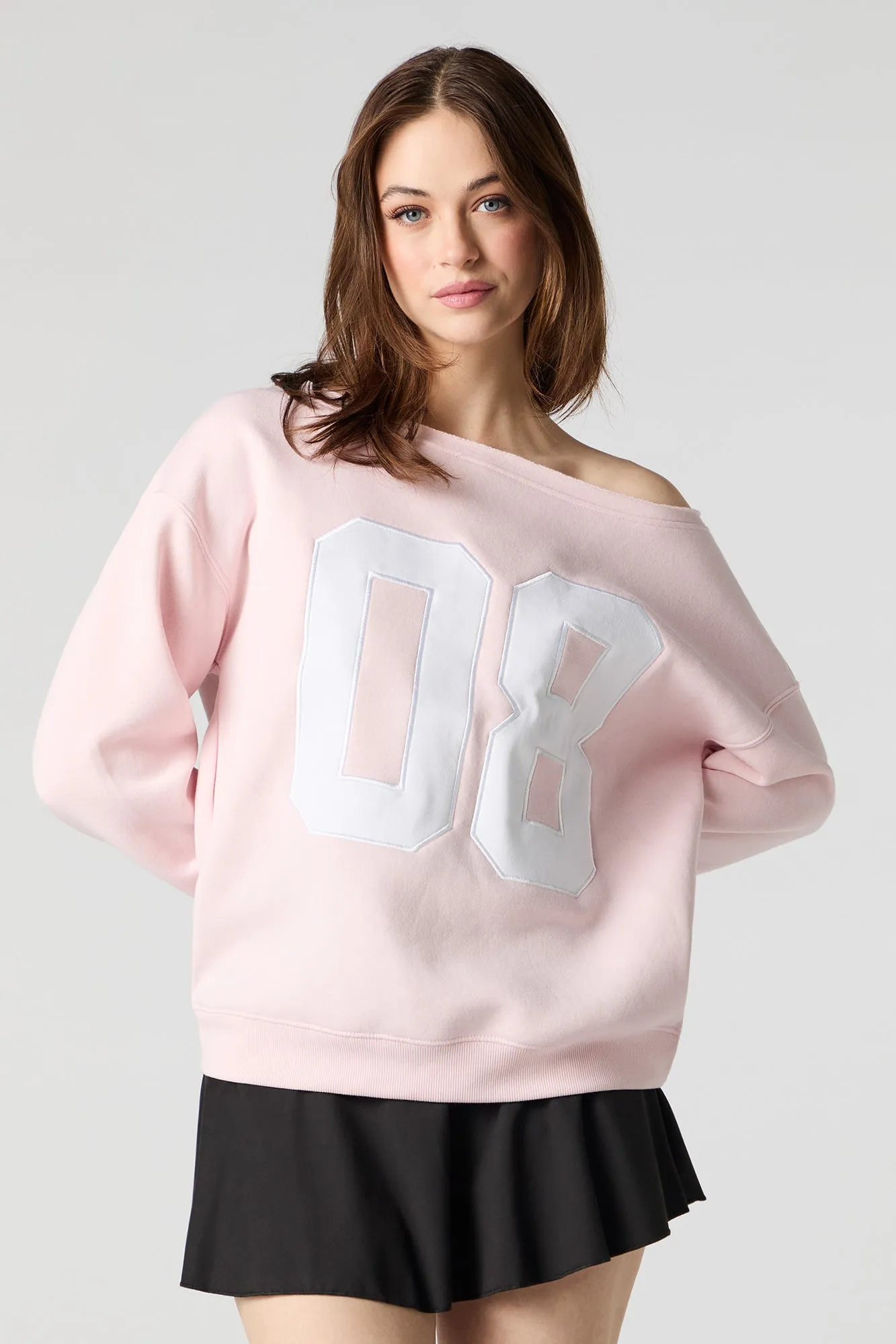 Embroidered Off Shoulder Fleece Sweatshirt