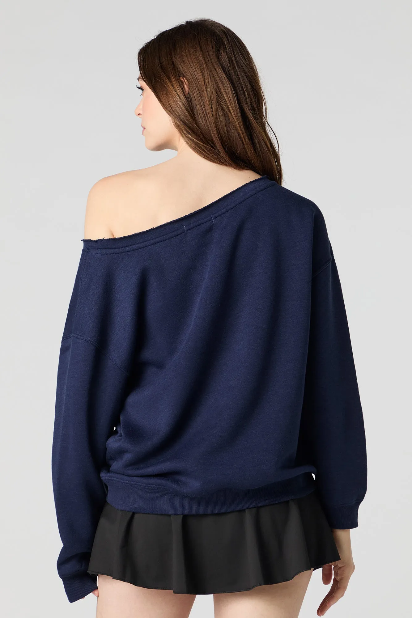 Embroidered Off Shoulder Fleece Sweatshirt