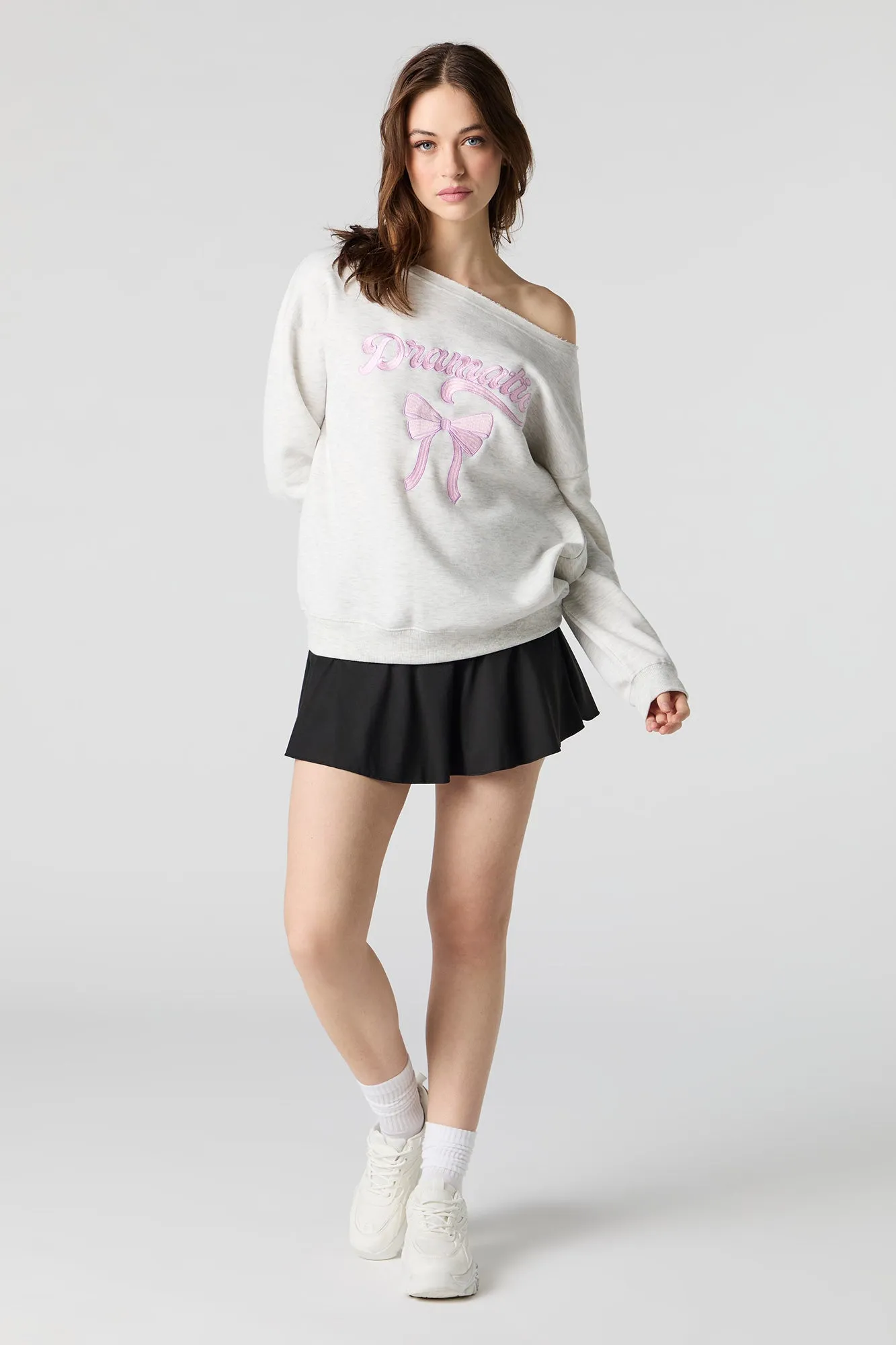 Embroidered Off Shoulder Fleece Sweatshirt
