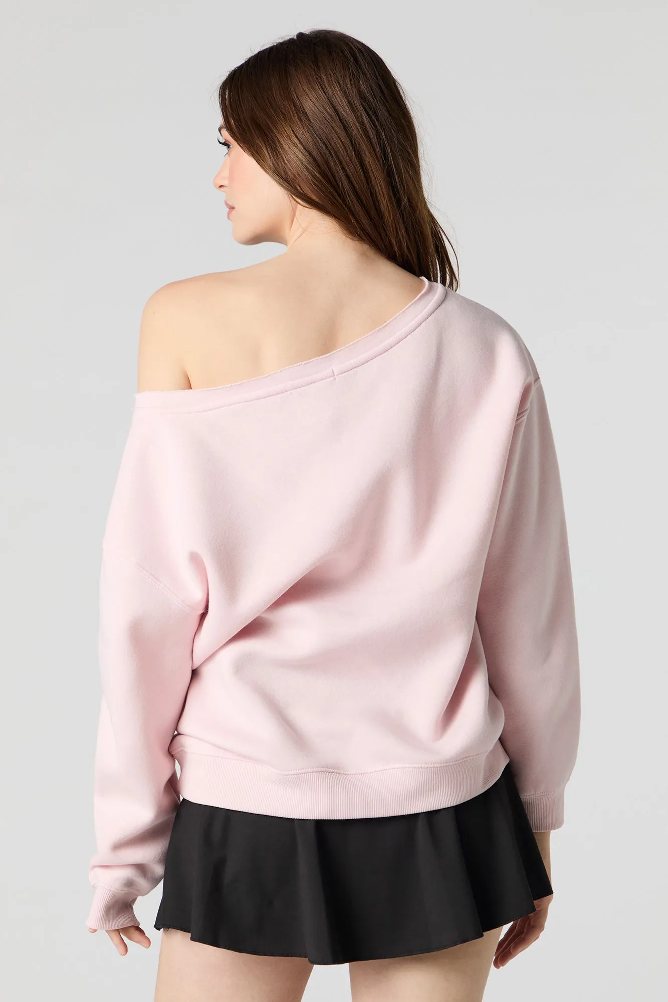 Embroidered Off Shoulder Fleece Sweatshirt
