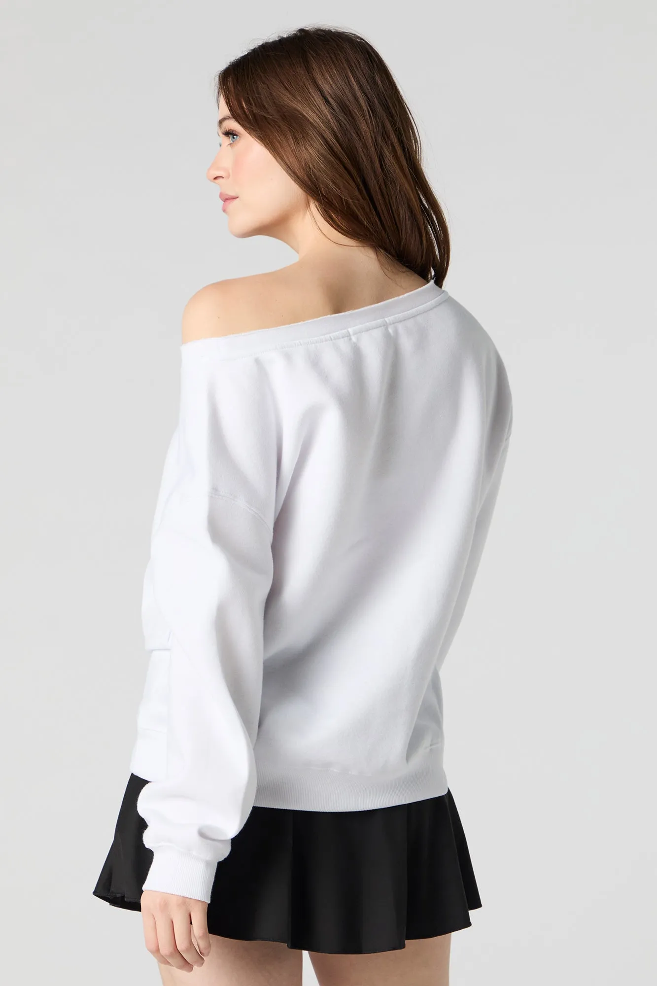 Embroidered Off Shoulder Fleece Sweatshirt