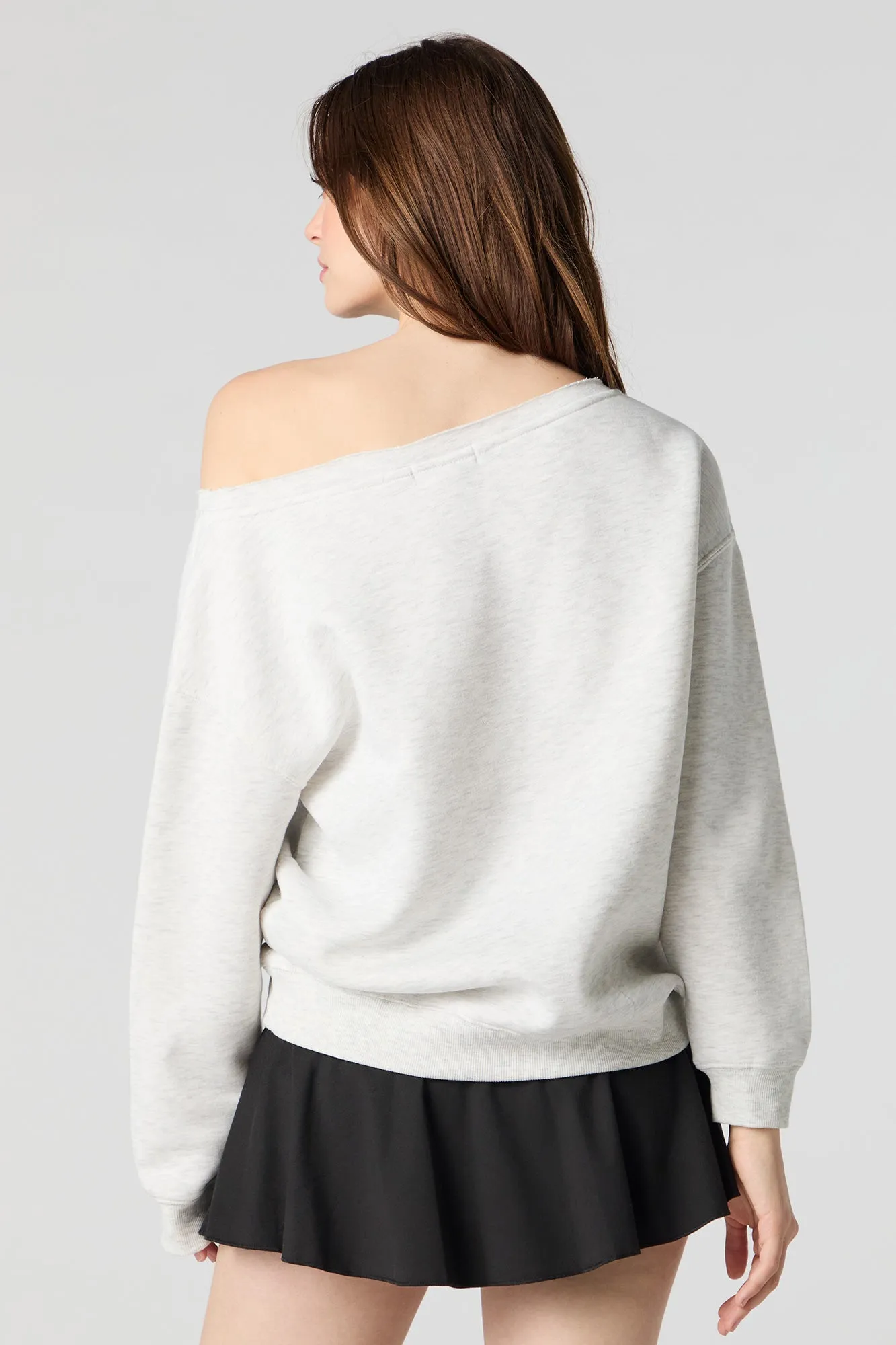 Embroidered Off Shoulder Fleece Sweatshirt