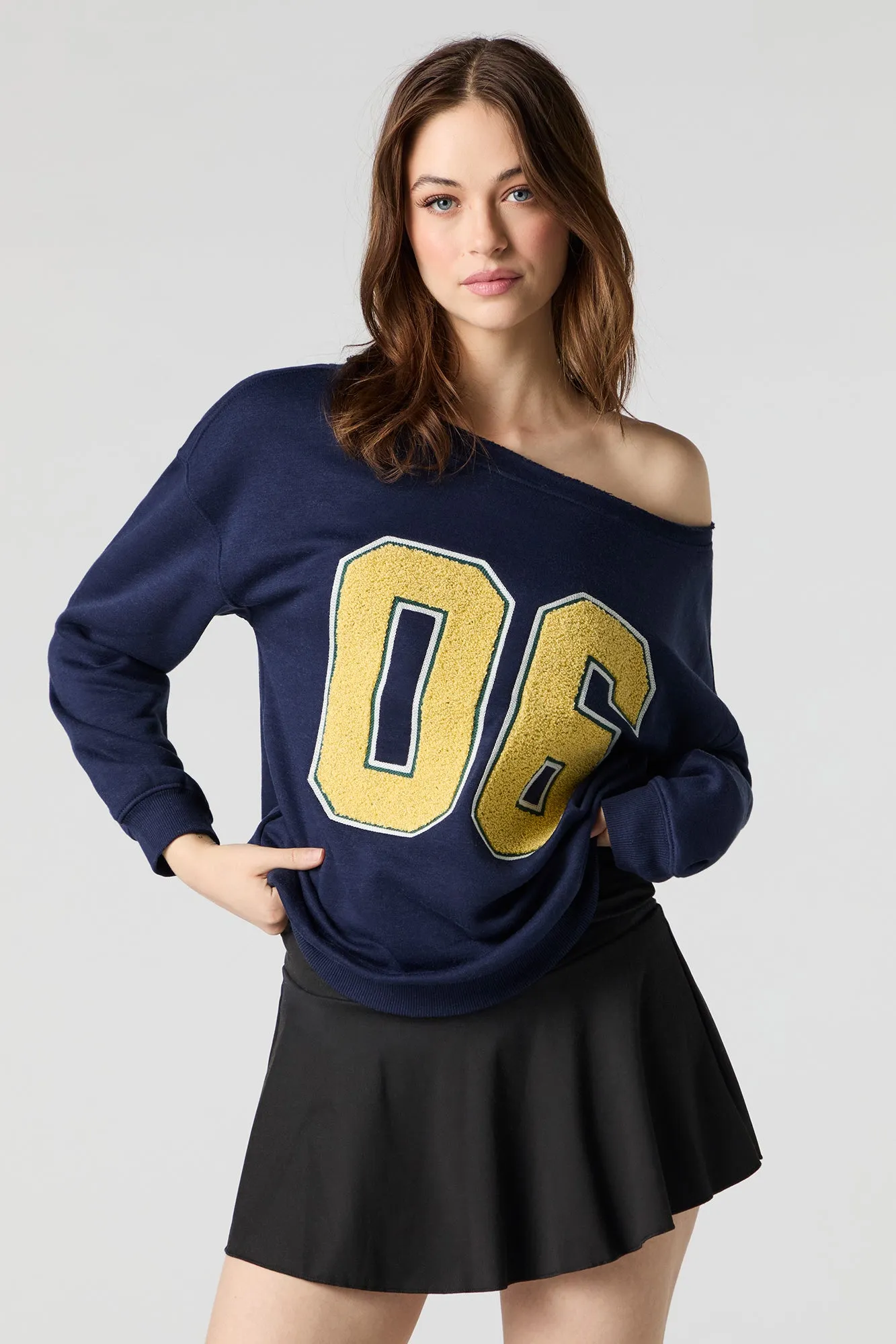 Embroidered Off Shoulder Fleece Sweatshirt