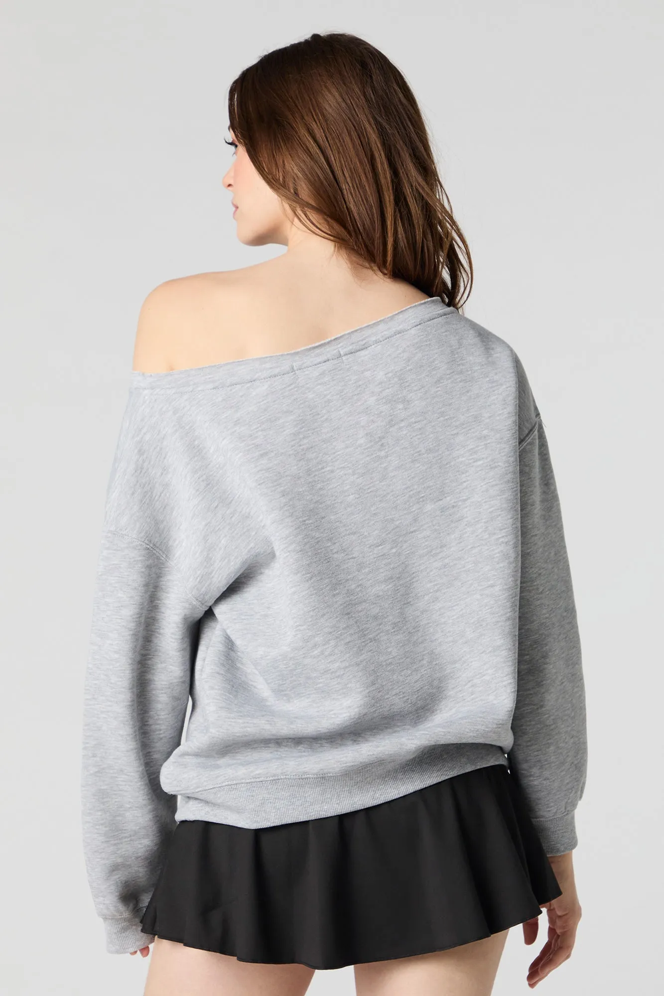 Embroidered Off Shoulder Fleece Sweatshirt
