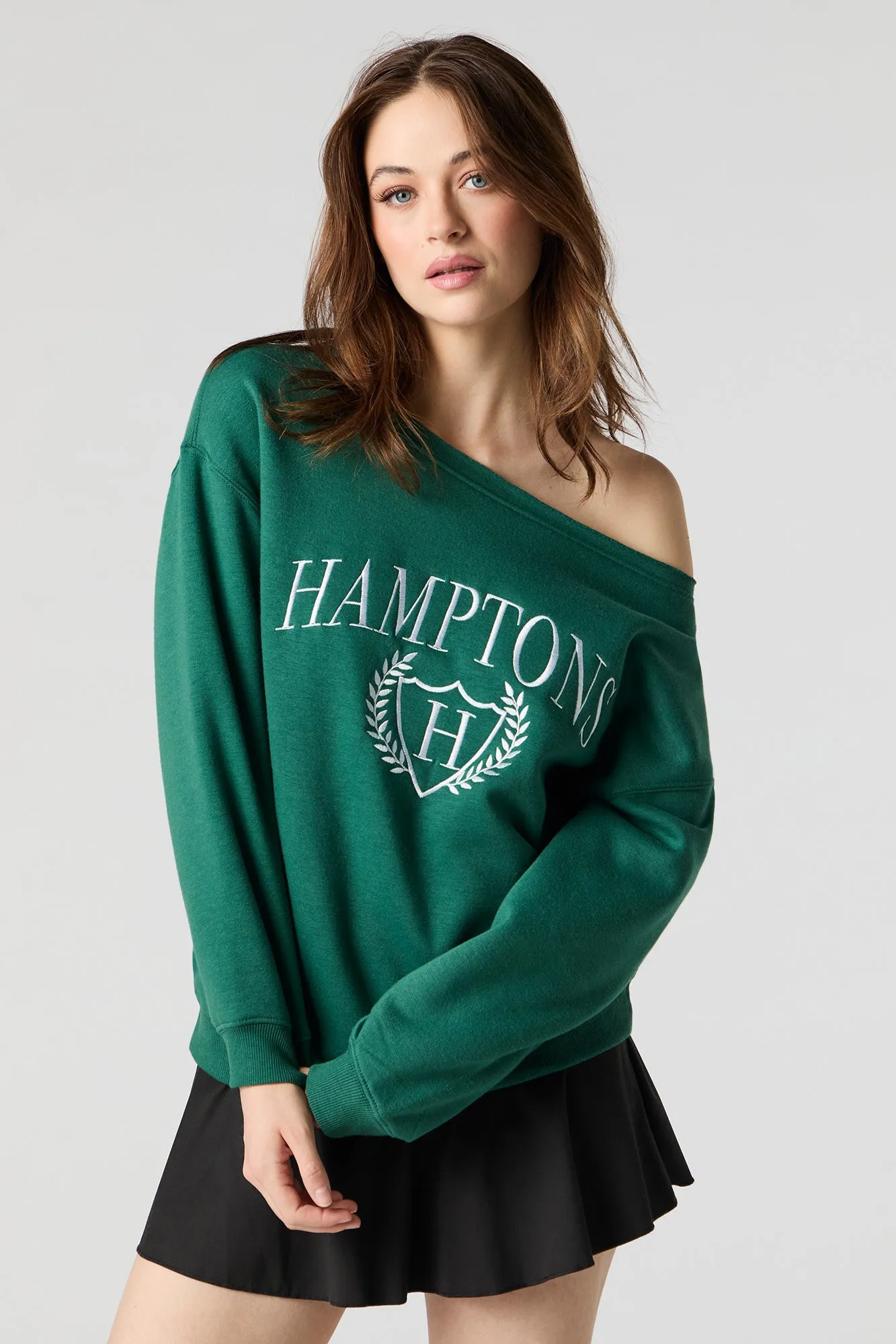 Embroidered Off Shoulder Fleece Sweatshirt