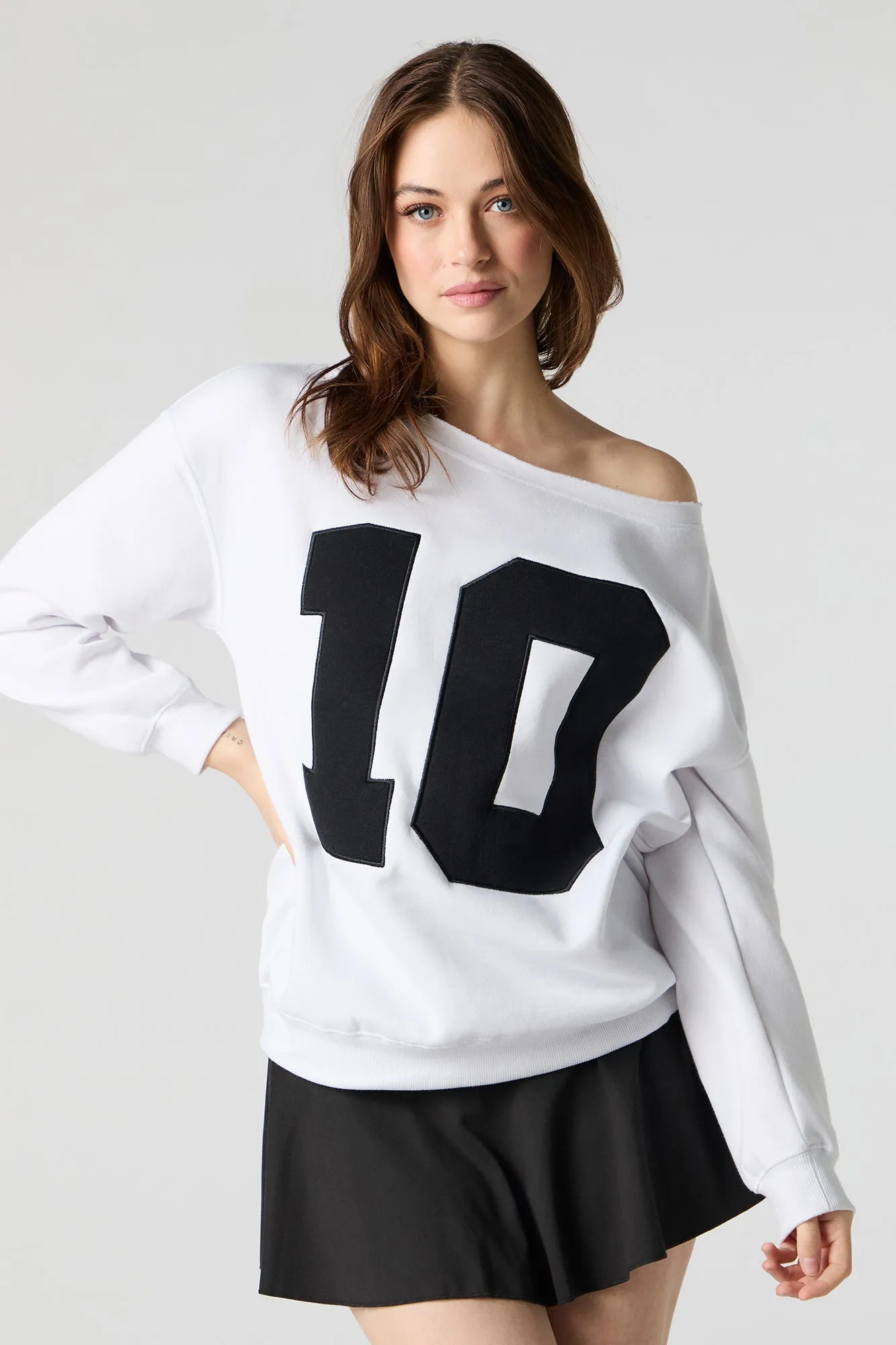 Embroidered Off Shoulder Fleece Sweatshirt