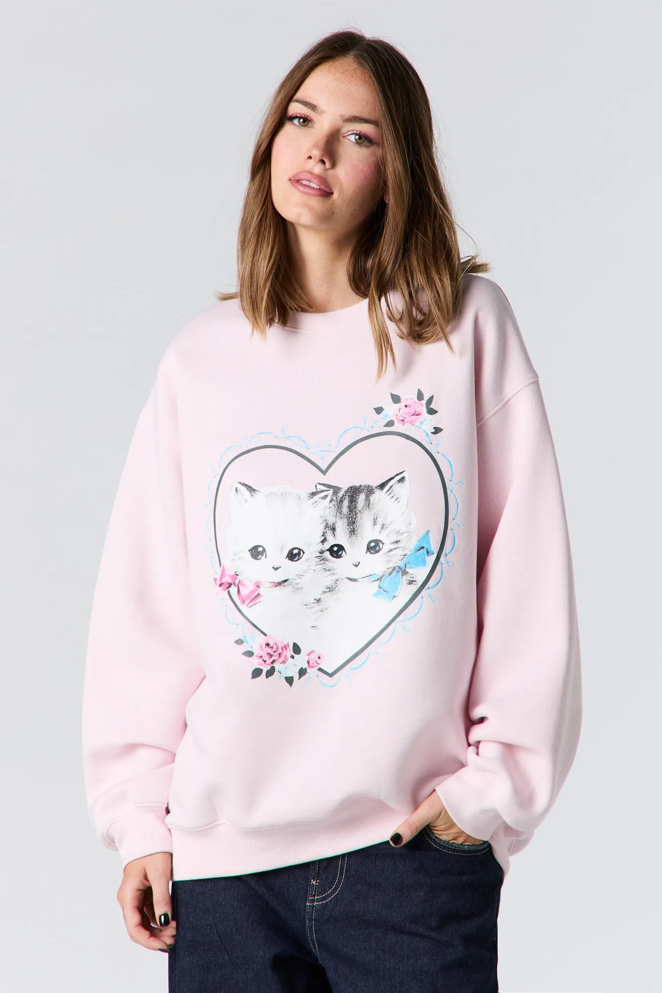 Kitten Graphic Rhinestone Fleece Sweatshirt