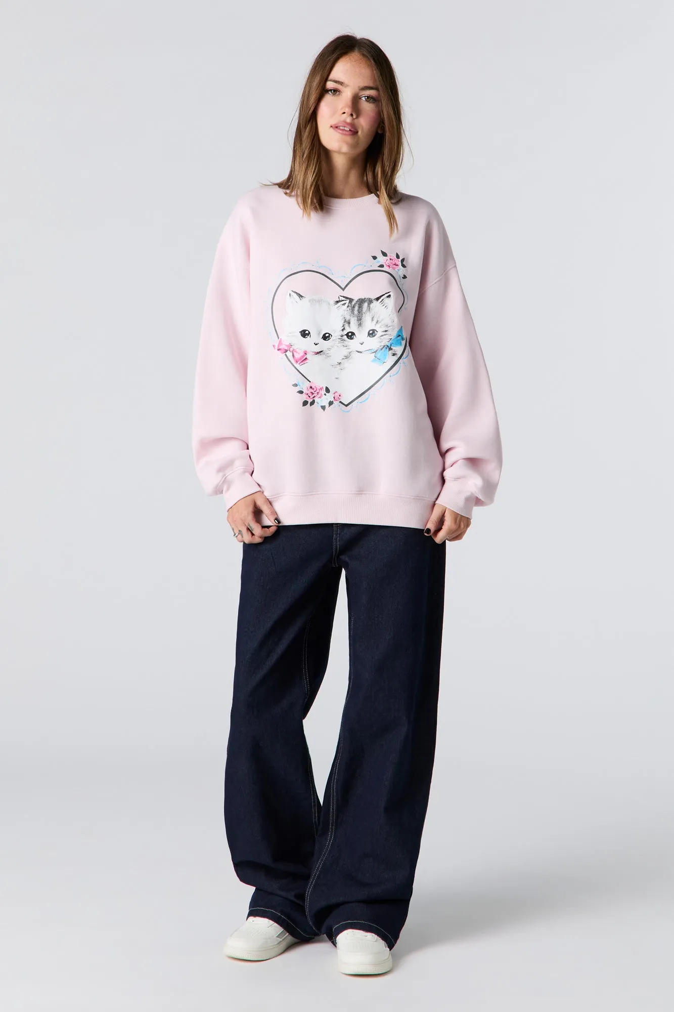 Kitten Graphic Rhinestone Fleece Sweatshirt