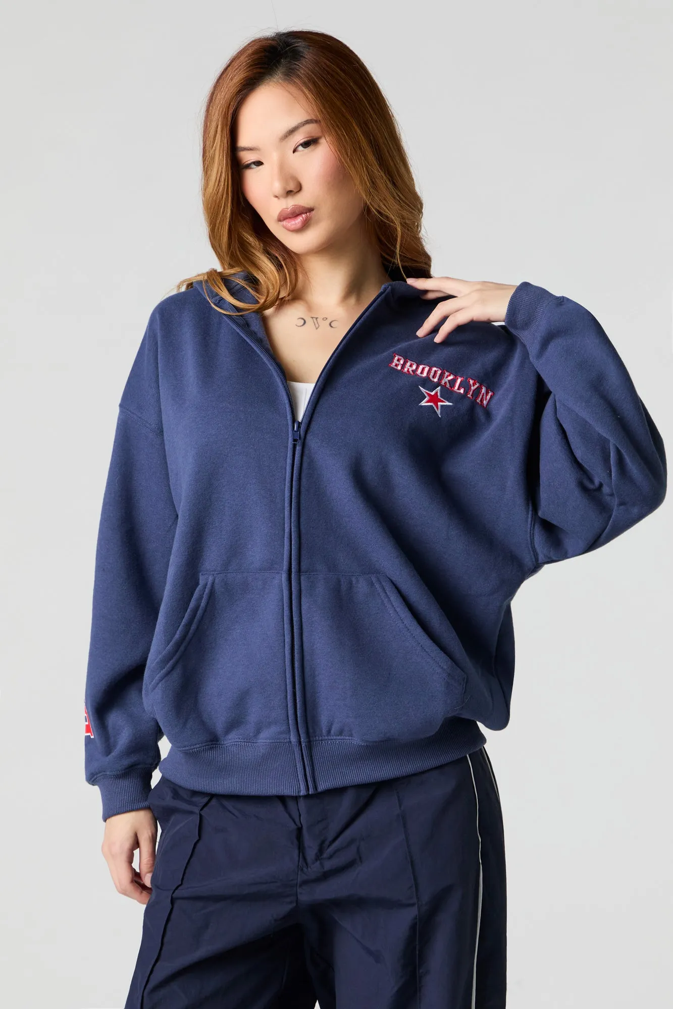 Oversized Printed Zip-Up Fleece Hoodie
