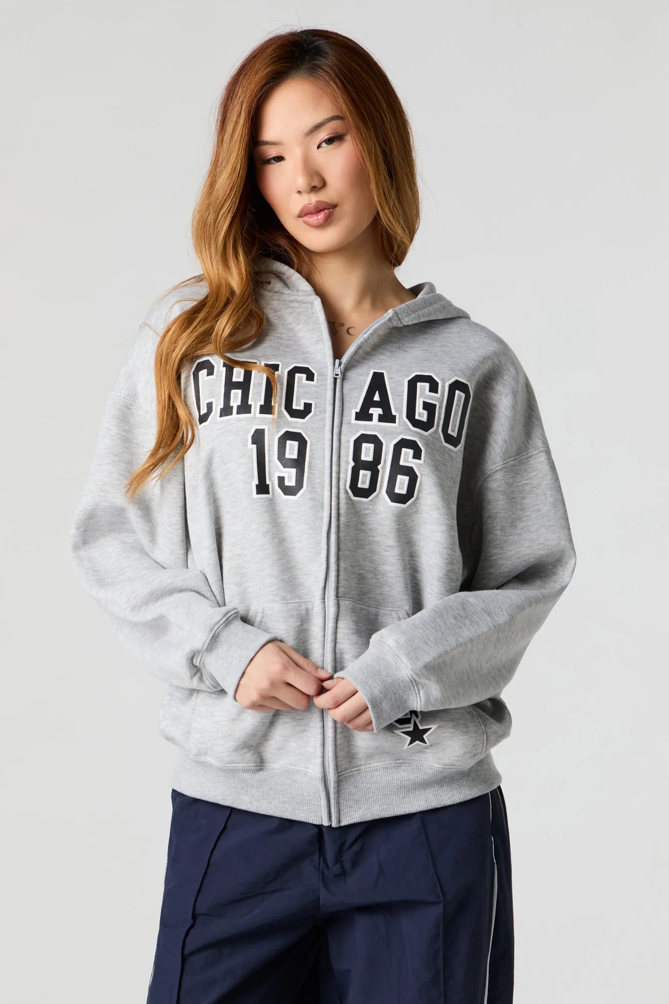 Oversized Printed Zip-Up Fleece Hoodie
