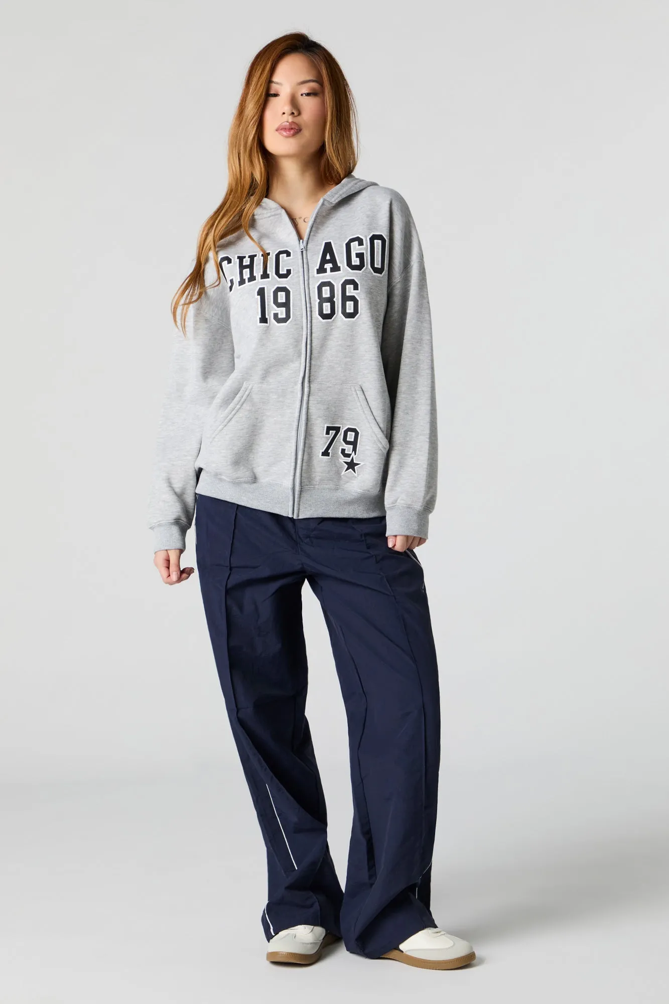 Oversized Printed Zip-Up Fleece Hoodie
