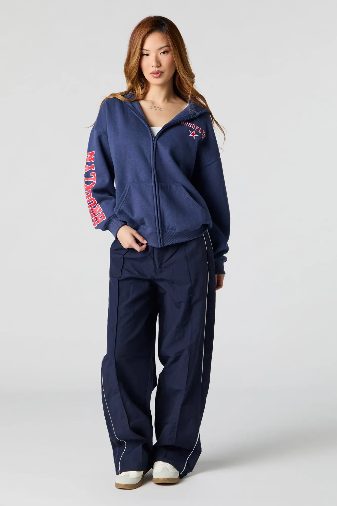 Oversized Printed Zip-Up Fleece Hoodie