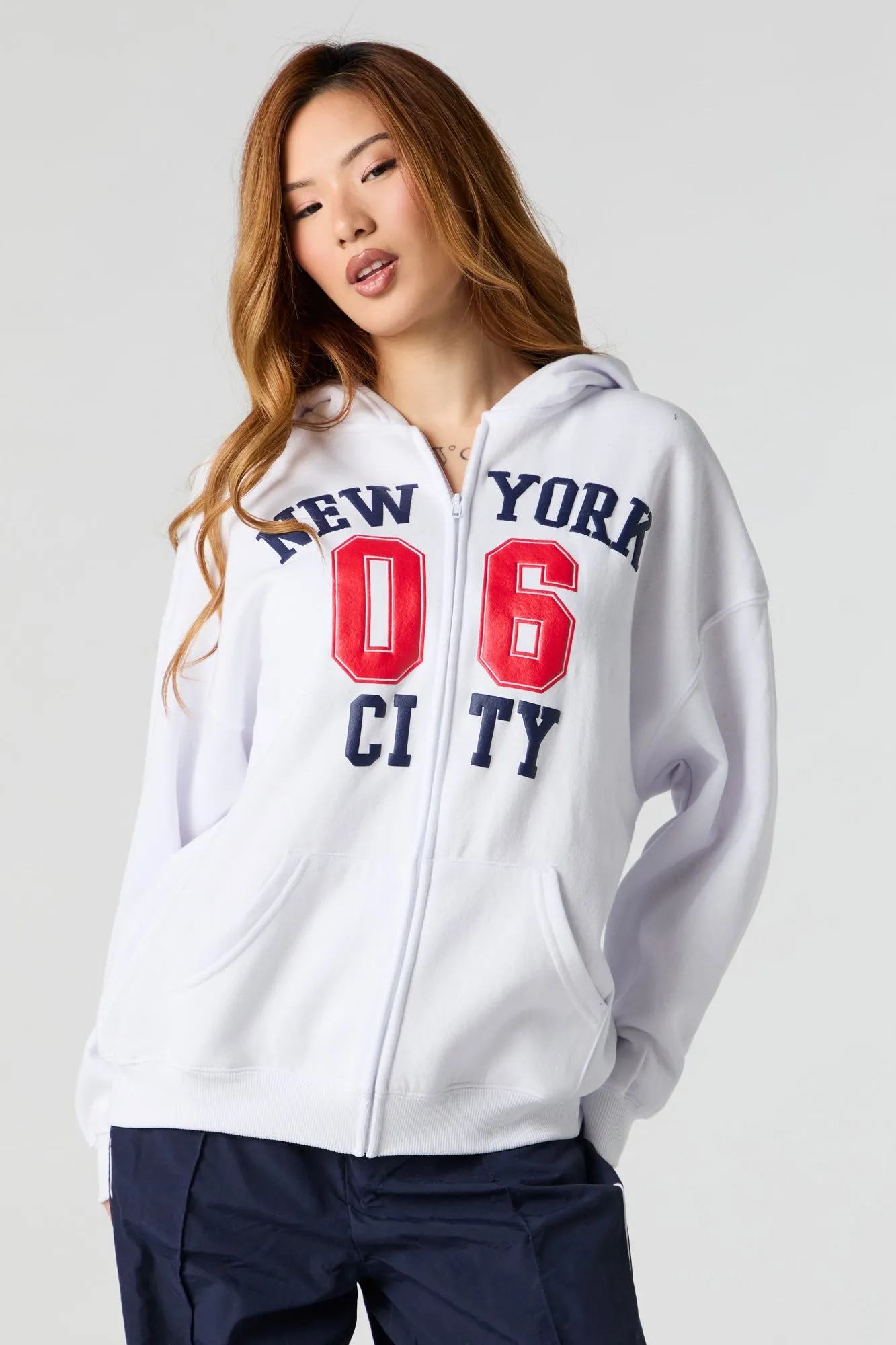Oversized Printed Zip-Up Fleece Hoodie