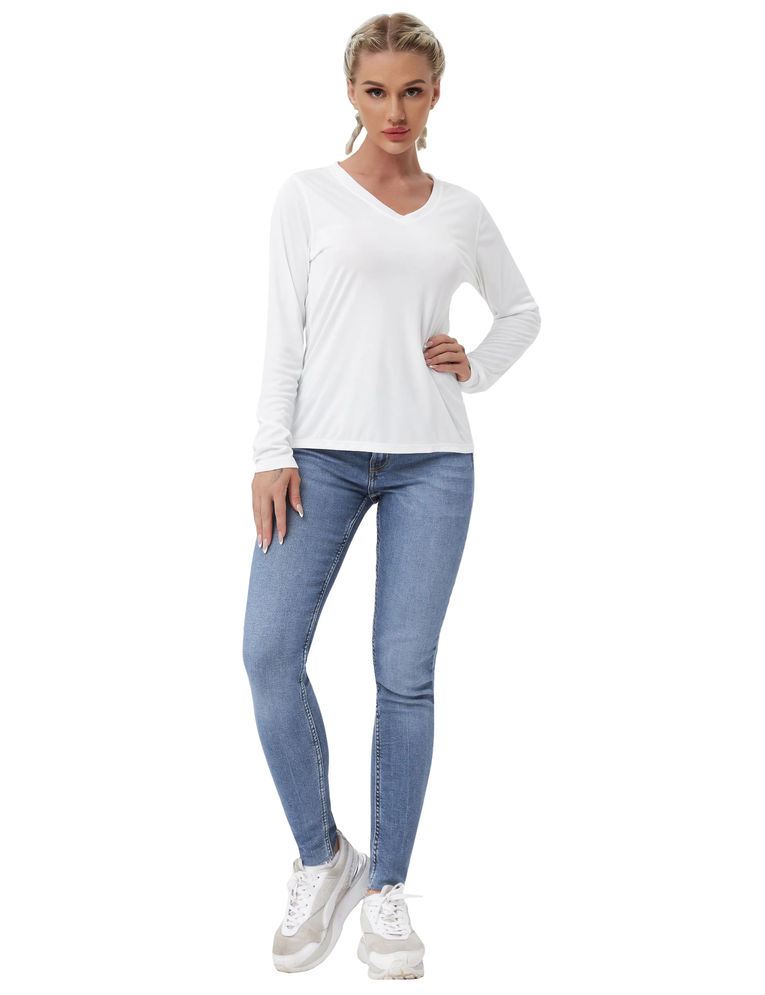 V Neck Long Sleeve Athletic Shirts white_Pilates