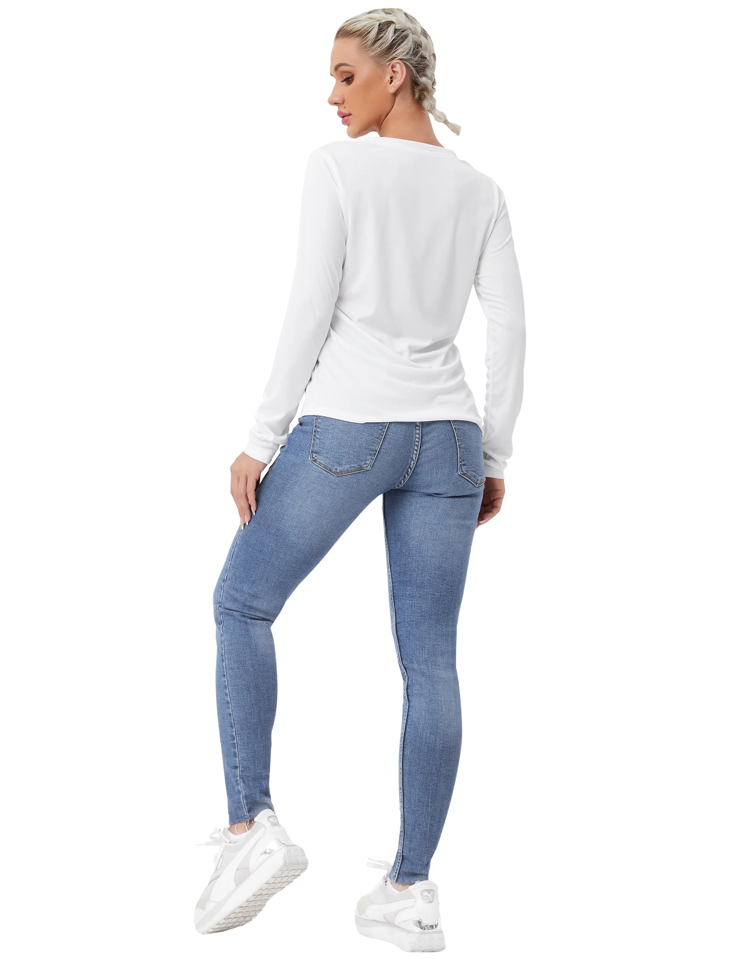 V Neck Long Sleeve Athletic Shirts white_Pilates