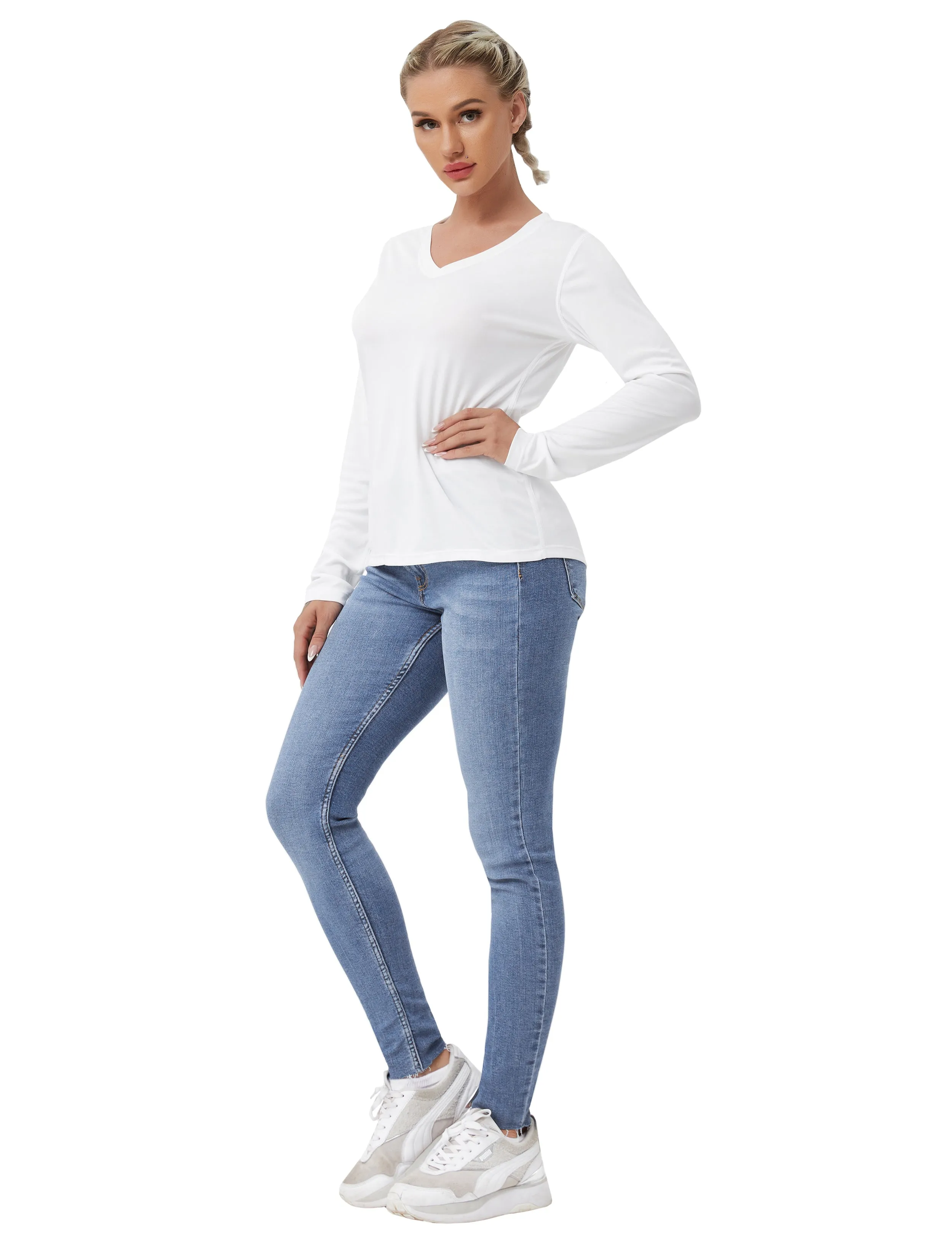 V Neck Long Sleeve Athletic Shirts white_Pilates