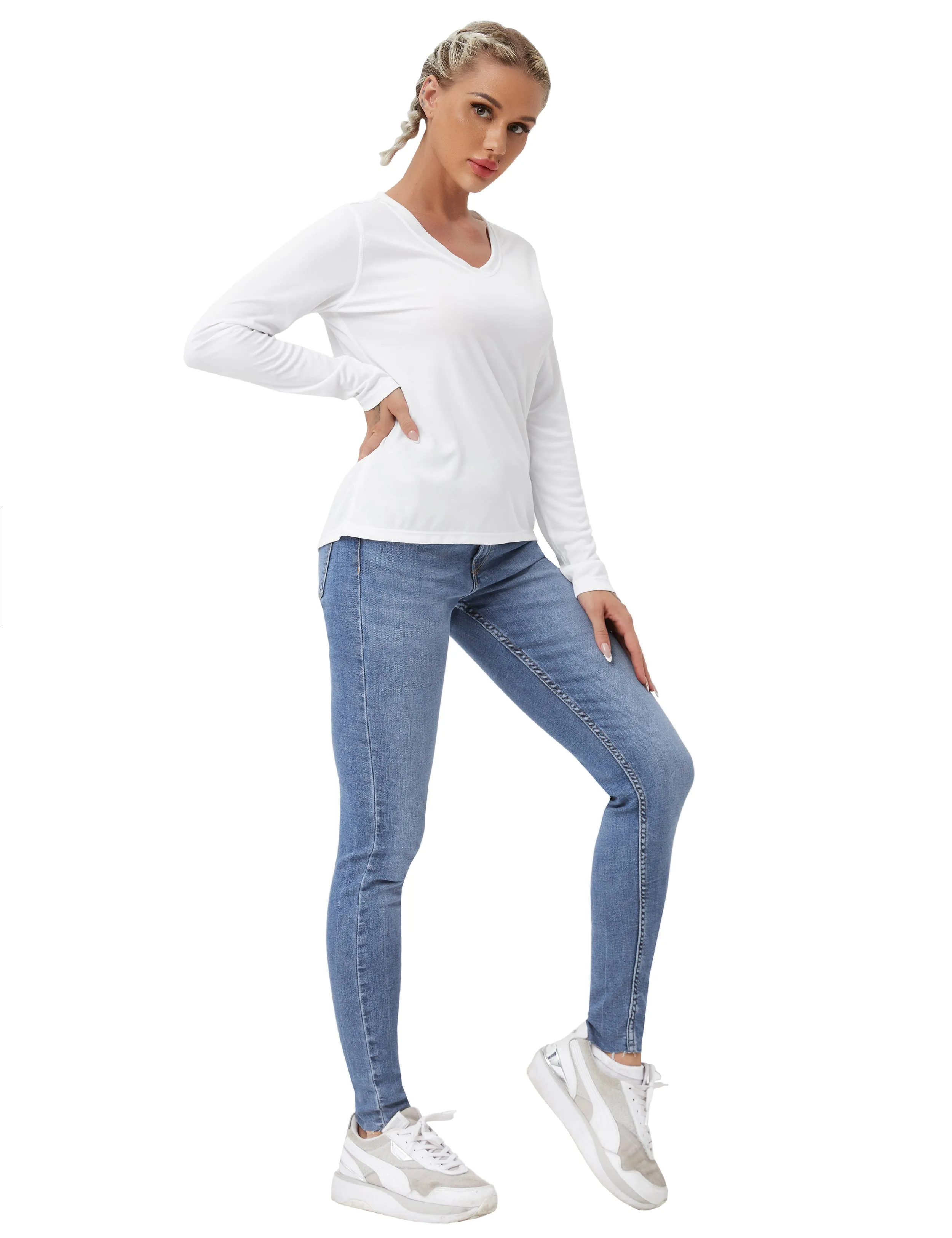 V Neck Long Sleeve Athletic Shirts white_Pilates