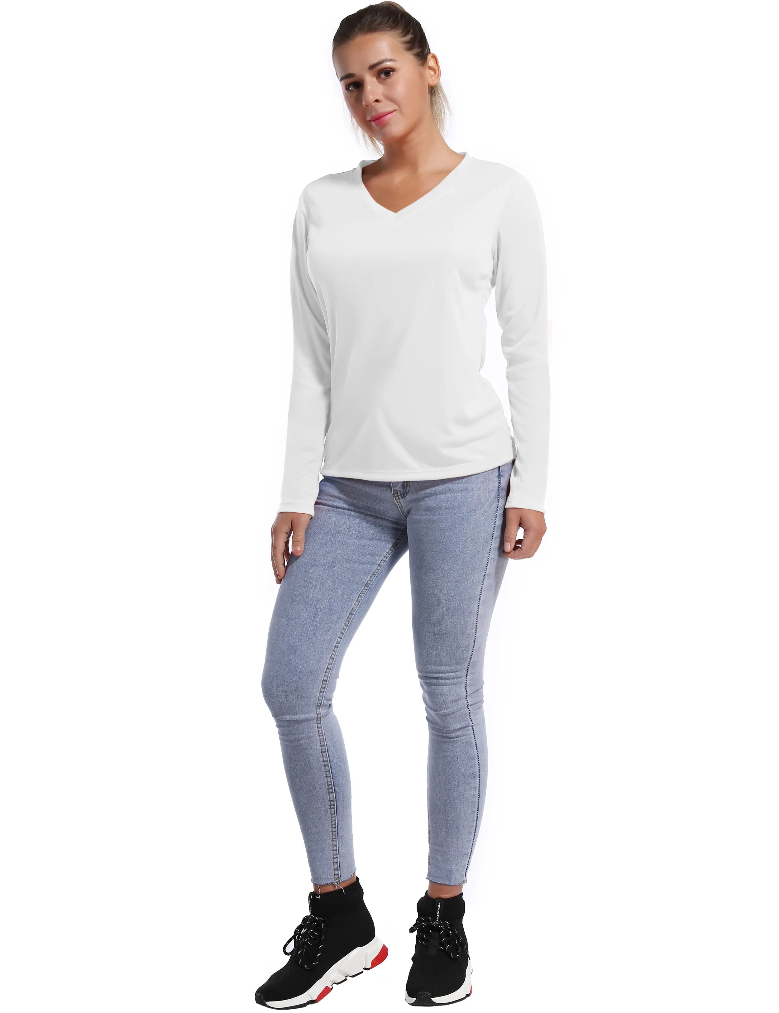 V Neck Long Sleeve Athletic Shirts white_Pilates