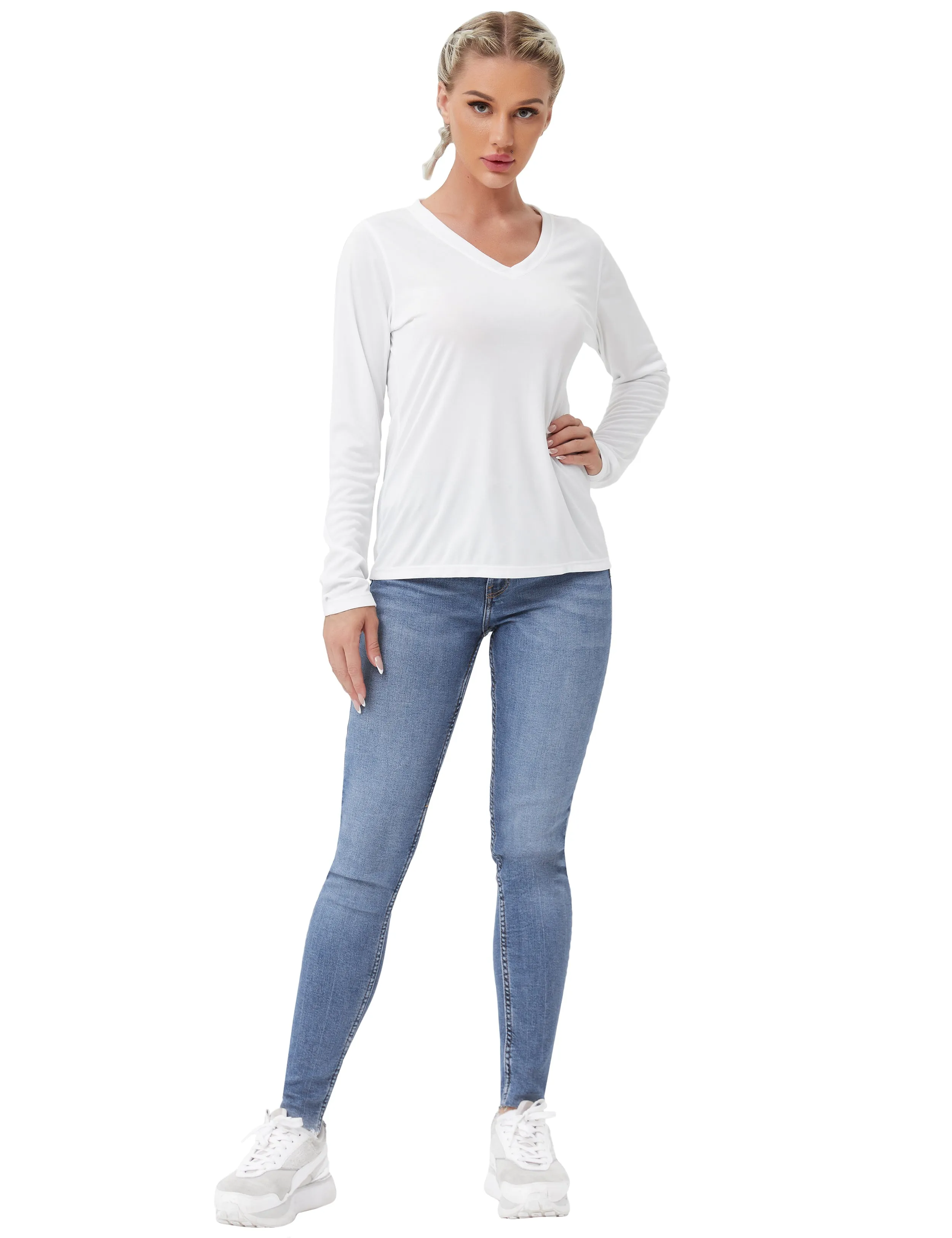 V Neck Long Sleeve Athletic Shirts white_Pilates