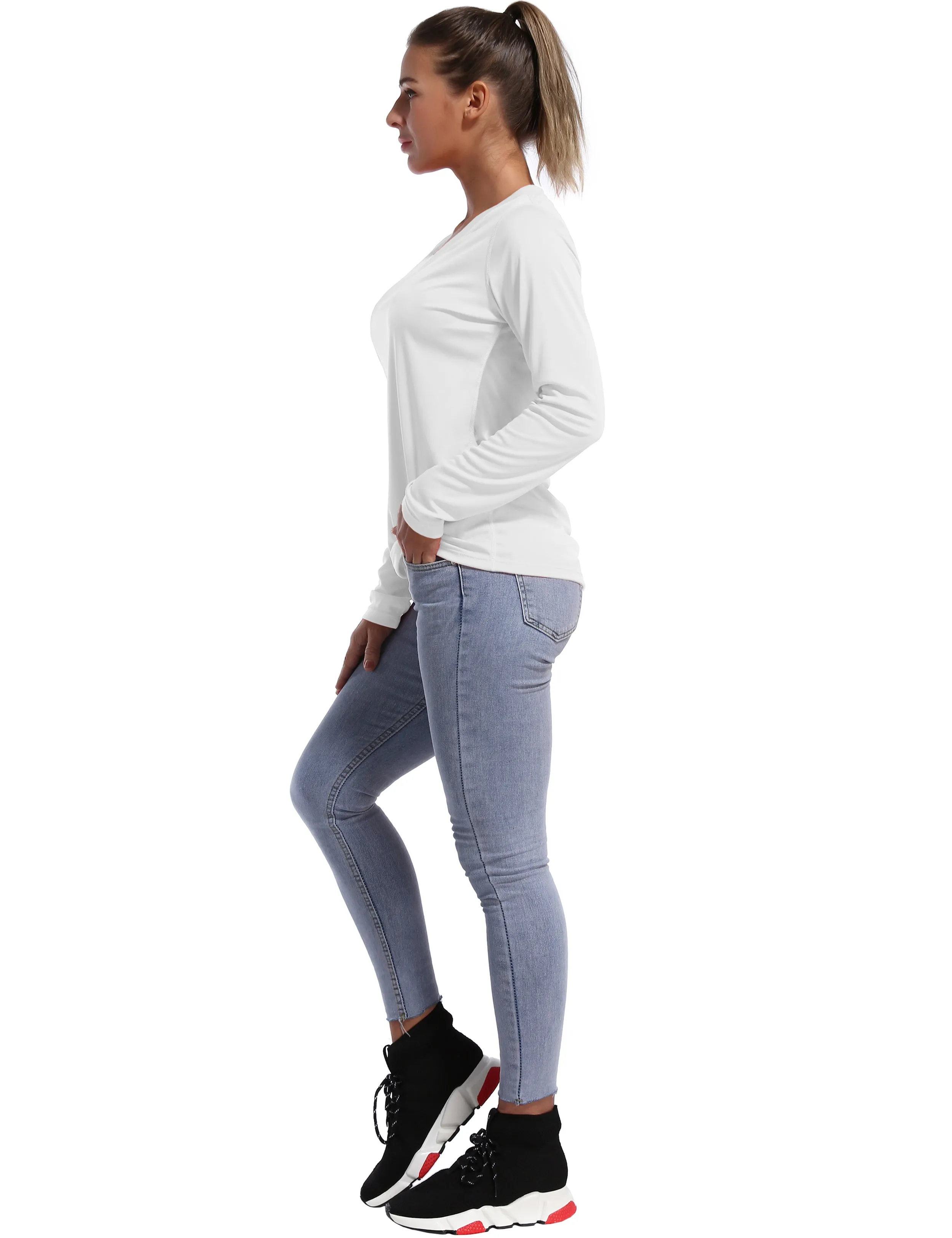 V Neck Long Sleeve Athletic Shirts white_Pilates