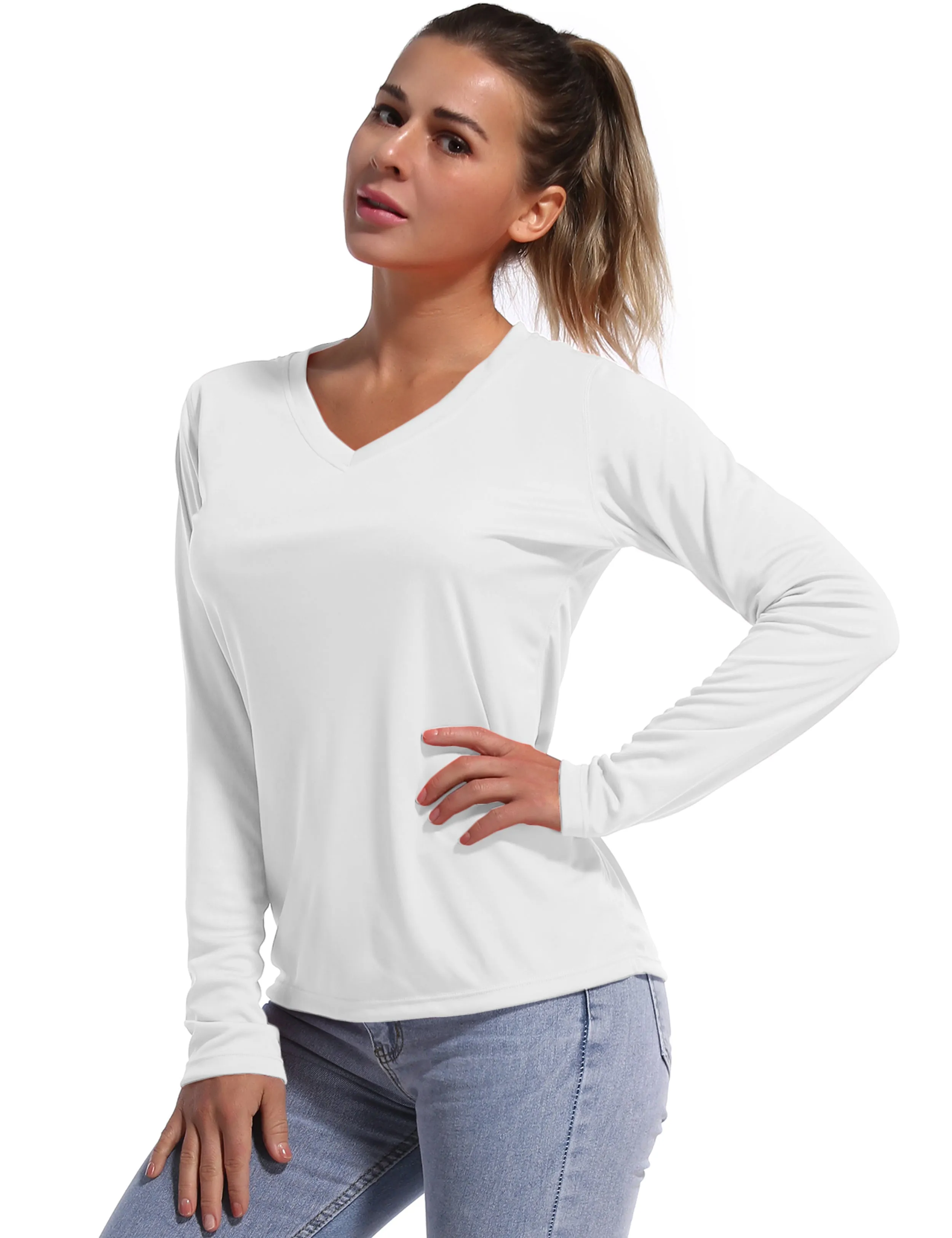 V Neck Long Sleeve Athletic Shirts white_Pilates