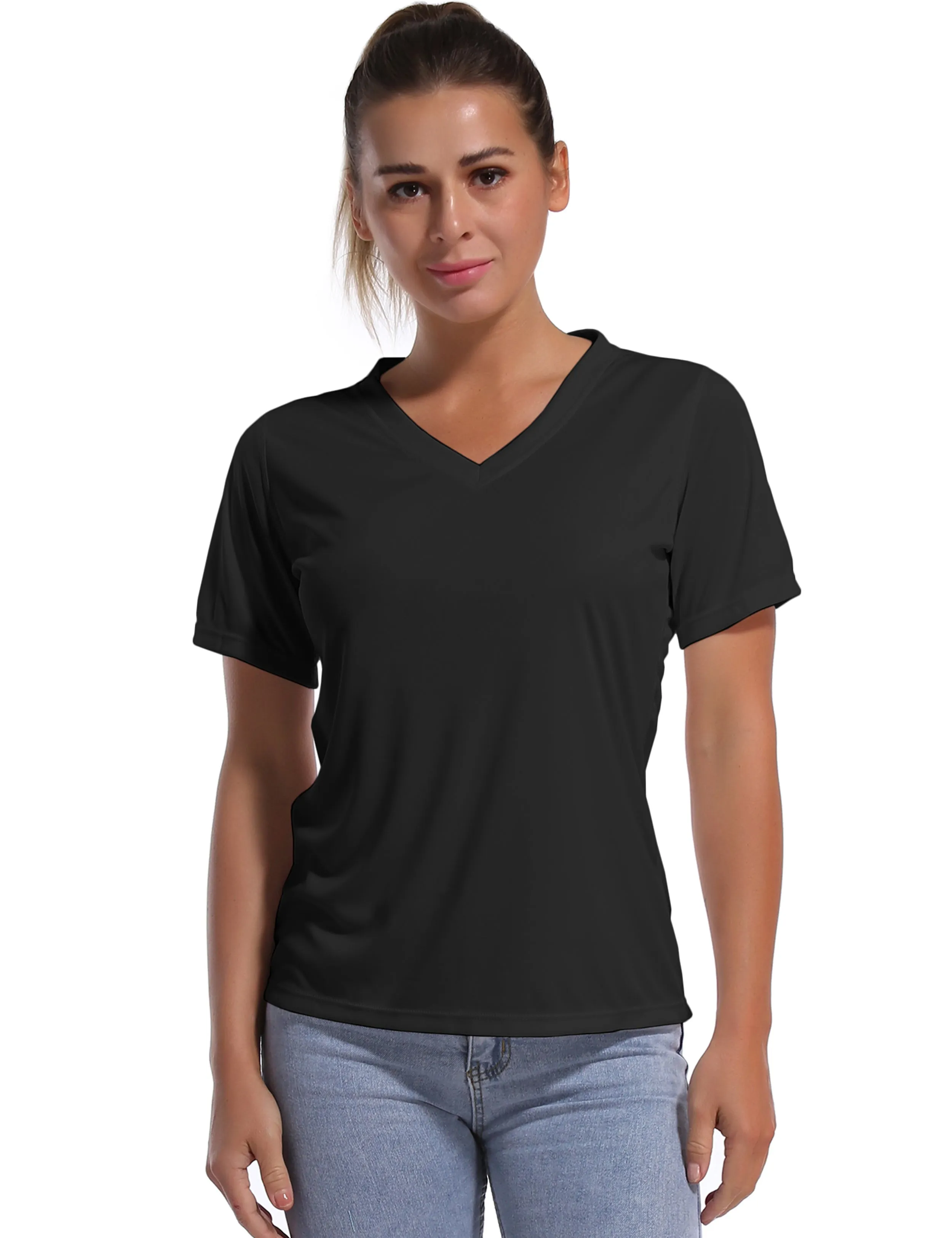 V-Neck Short Sleeve Athletic Shirts black_Jogging