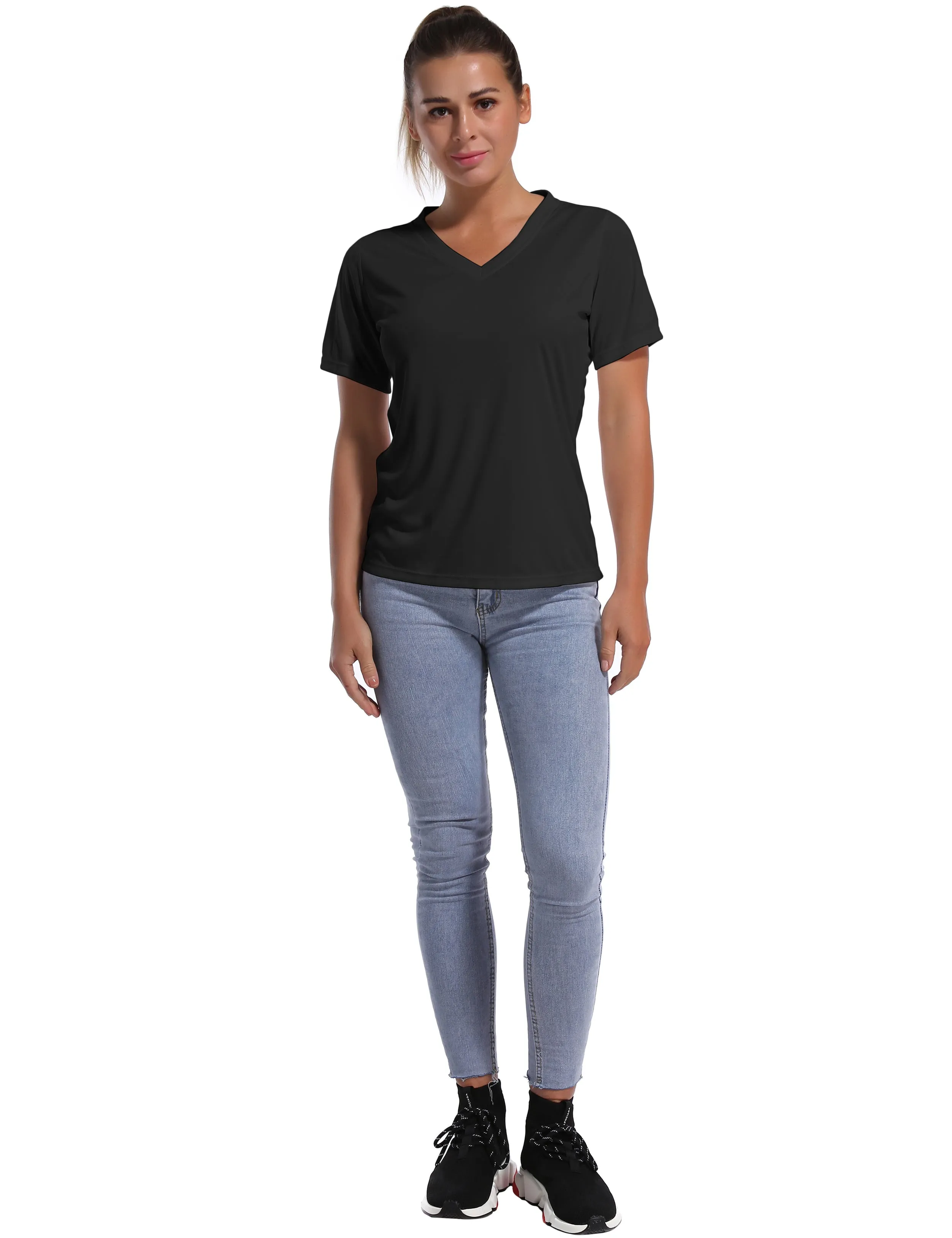 V-Neck Short Sleeve Athletic Shirts black_Jogging