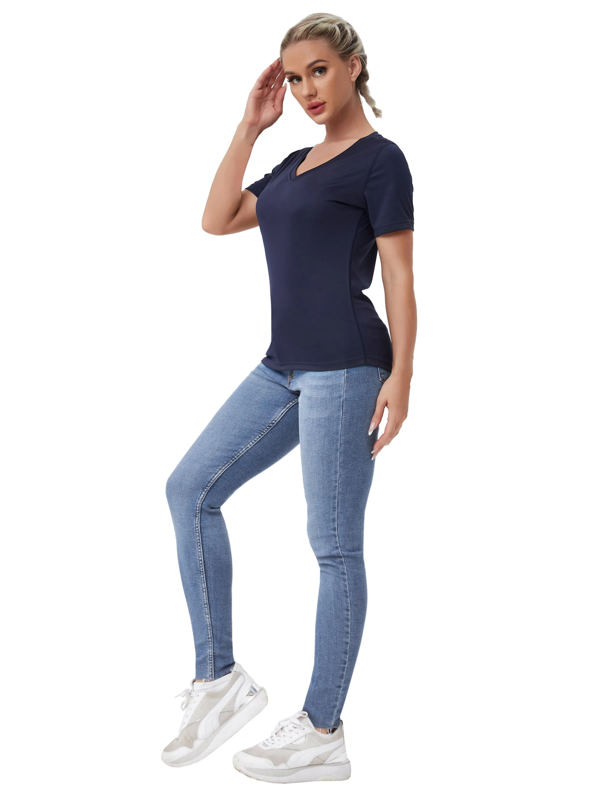 V-Neck Short Sleeve Athletic Shirts darknavy_Gym