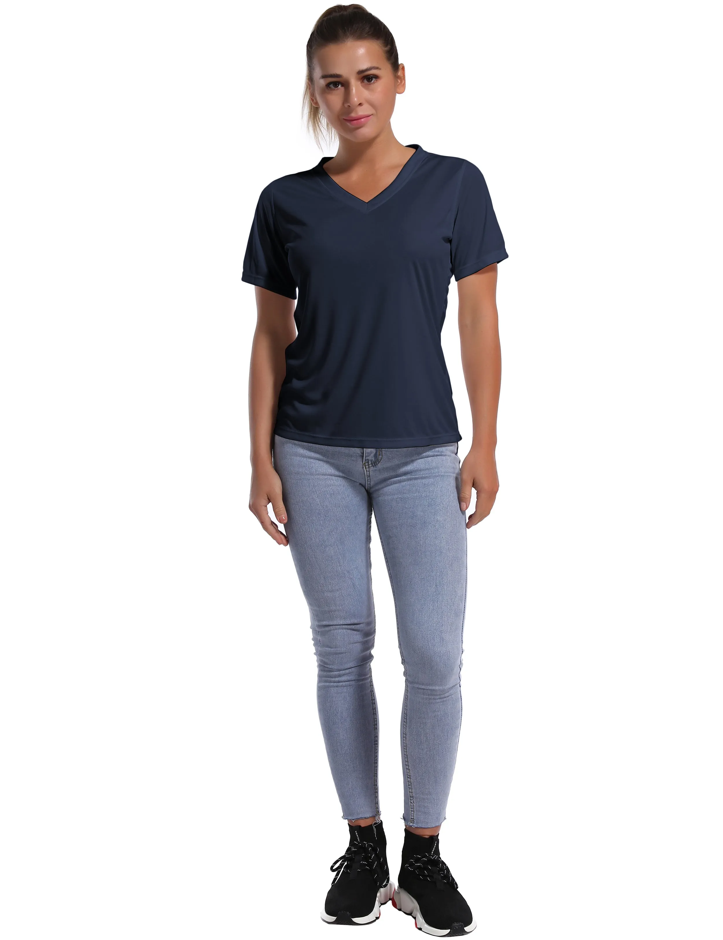 V-Neck Short Sleeve Athletic Shirts darknavy_Gym