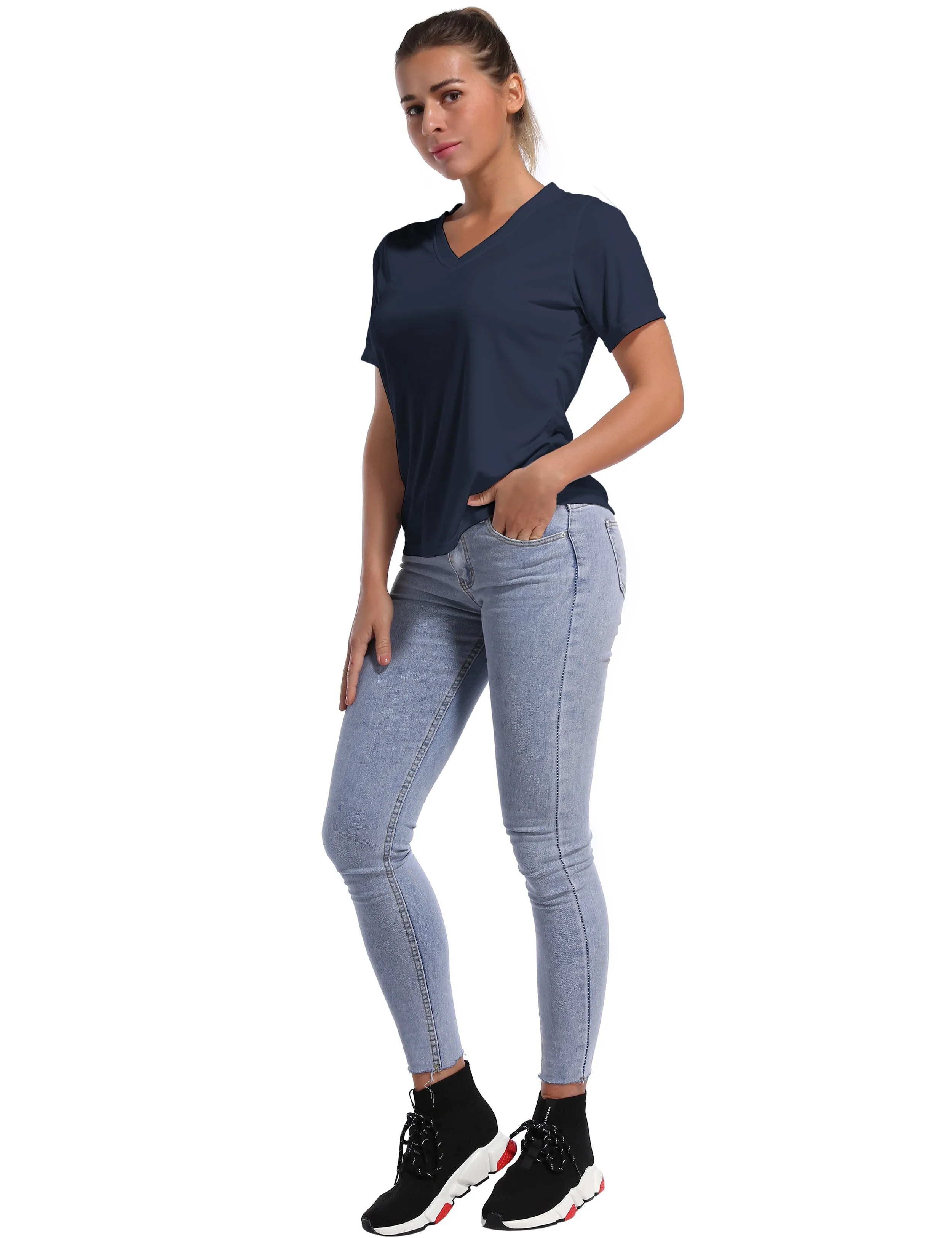 V-Neck Short Sleeve Athletic Shirts darknavy_Gym