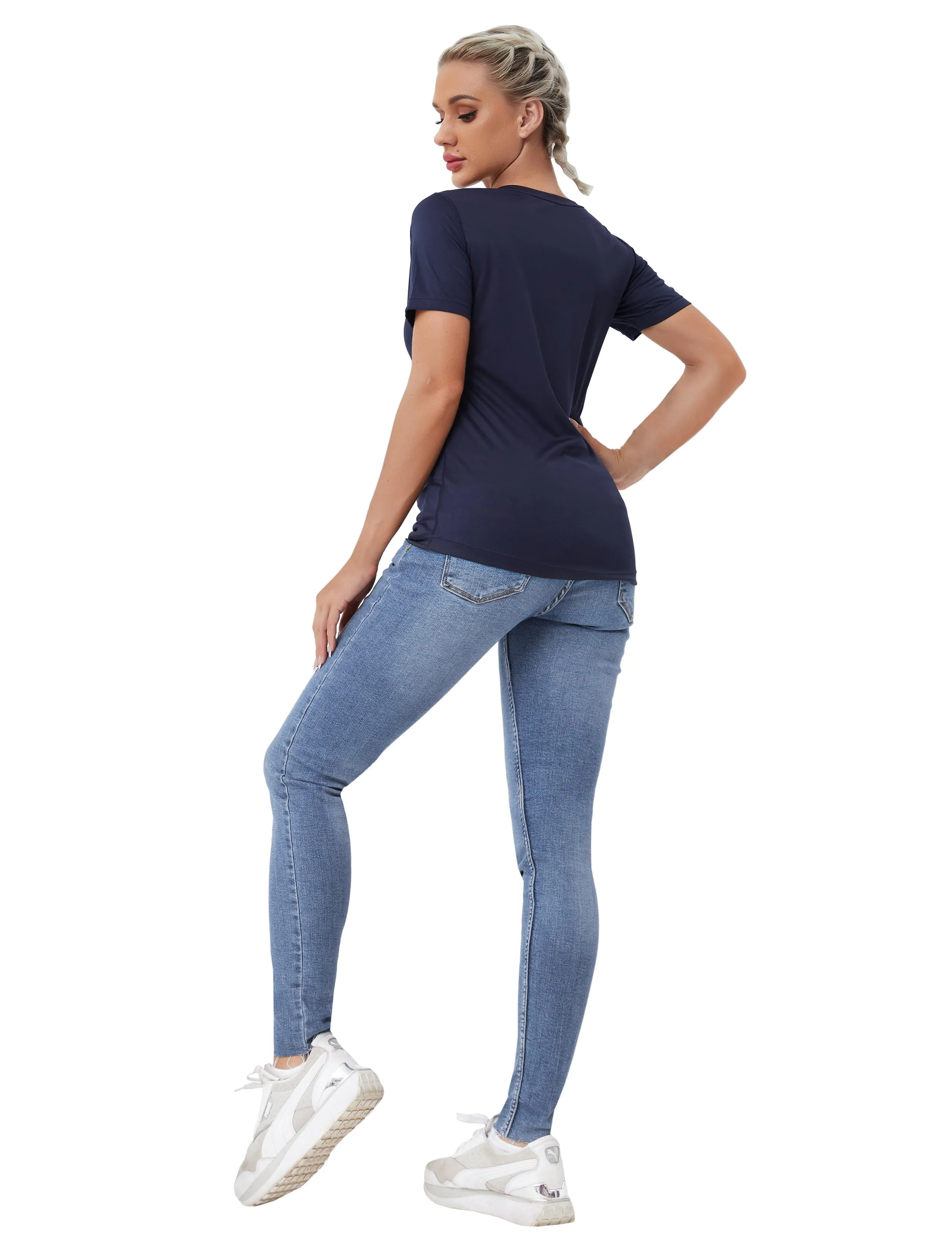 V-Neck Short Sleeve Athletic Shirts darknavy_Gym