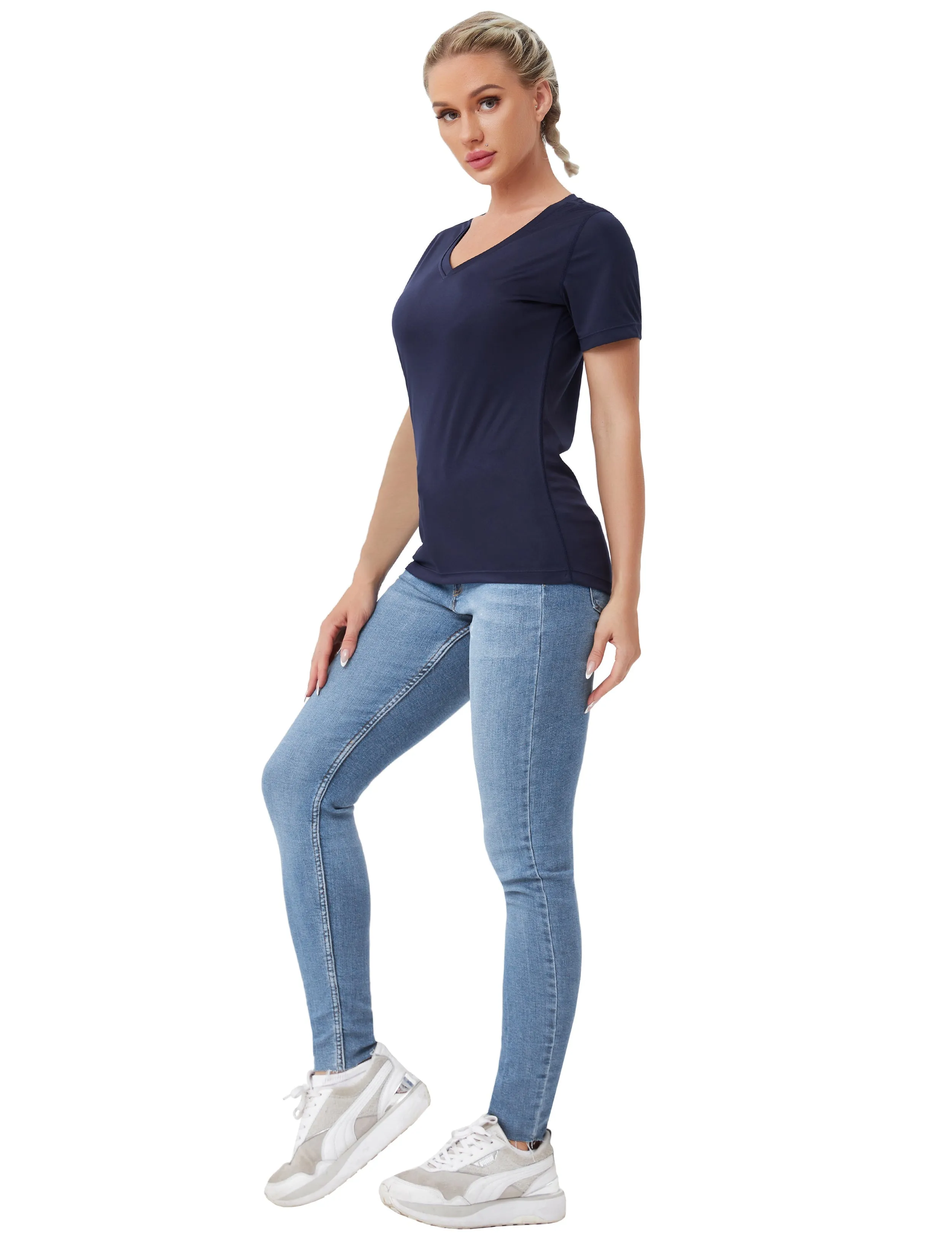 V-Neck Short Sleeve Athletic Shirts darknavy_Gym