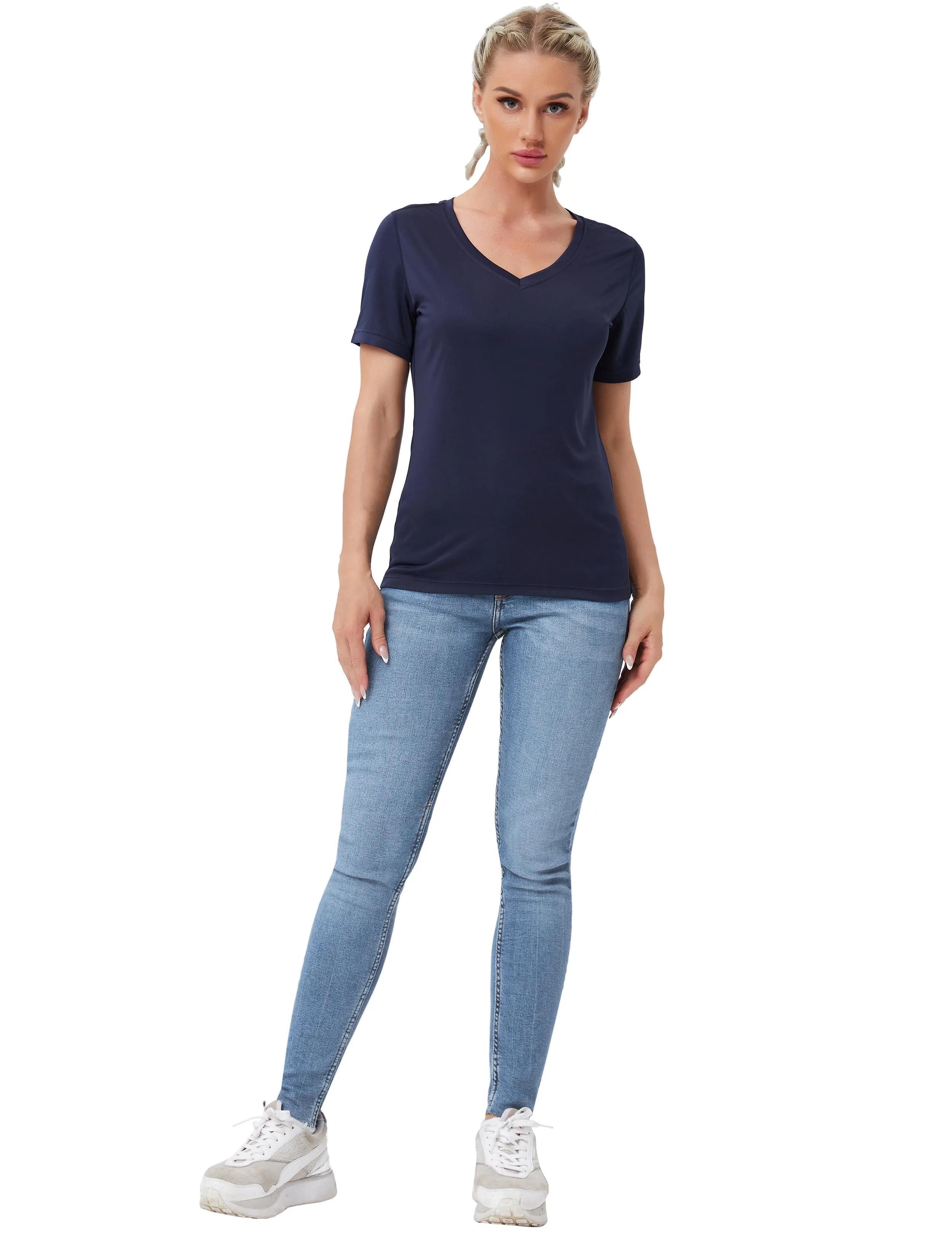 V-Neck Short Sleeve Athletic Shirts darknavy_Gym