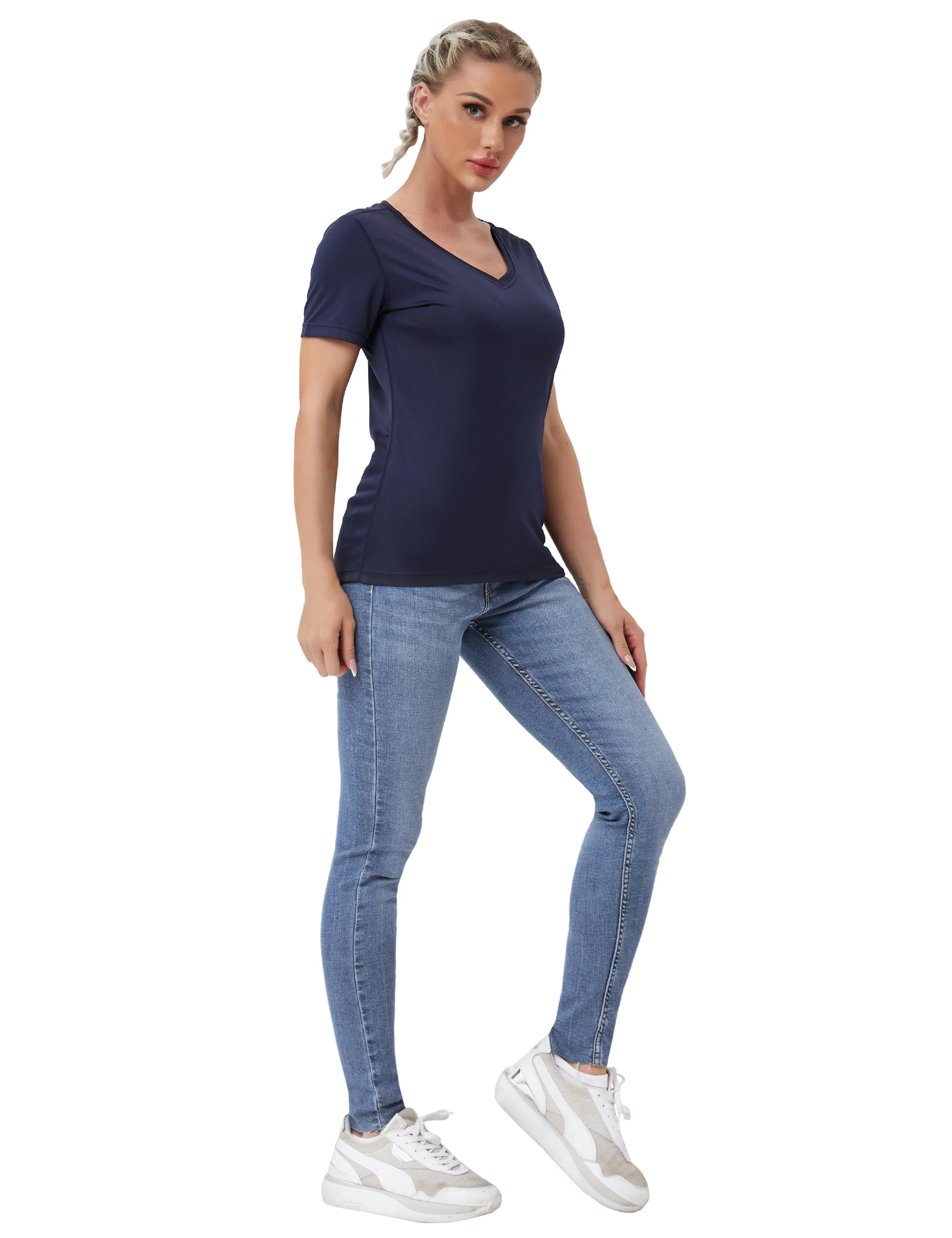 V-Neck Short Sleeve Athletic Shirts darknavy_Gym