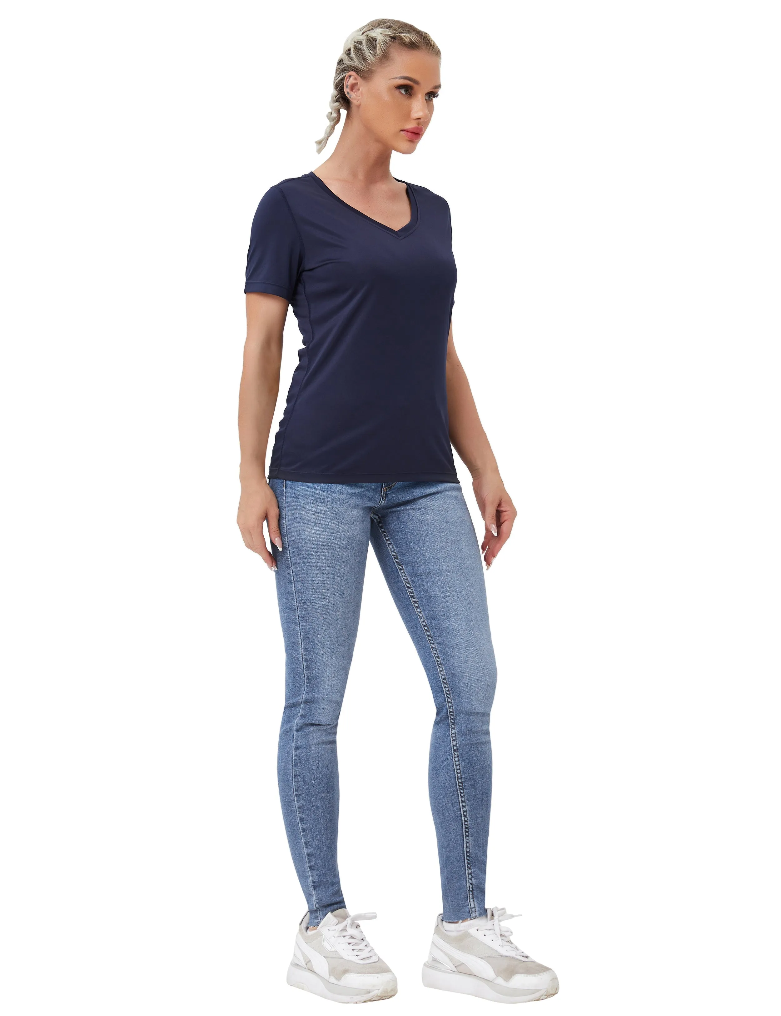 V-Neck Short Sleeve Athletic Shirts darknavy_Gym