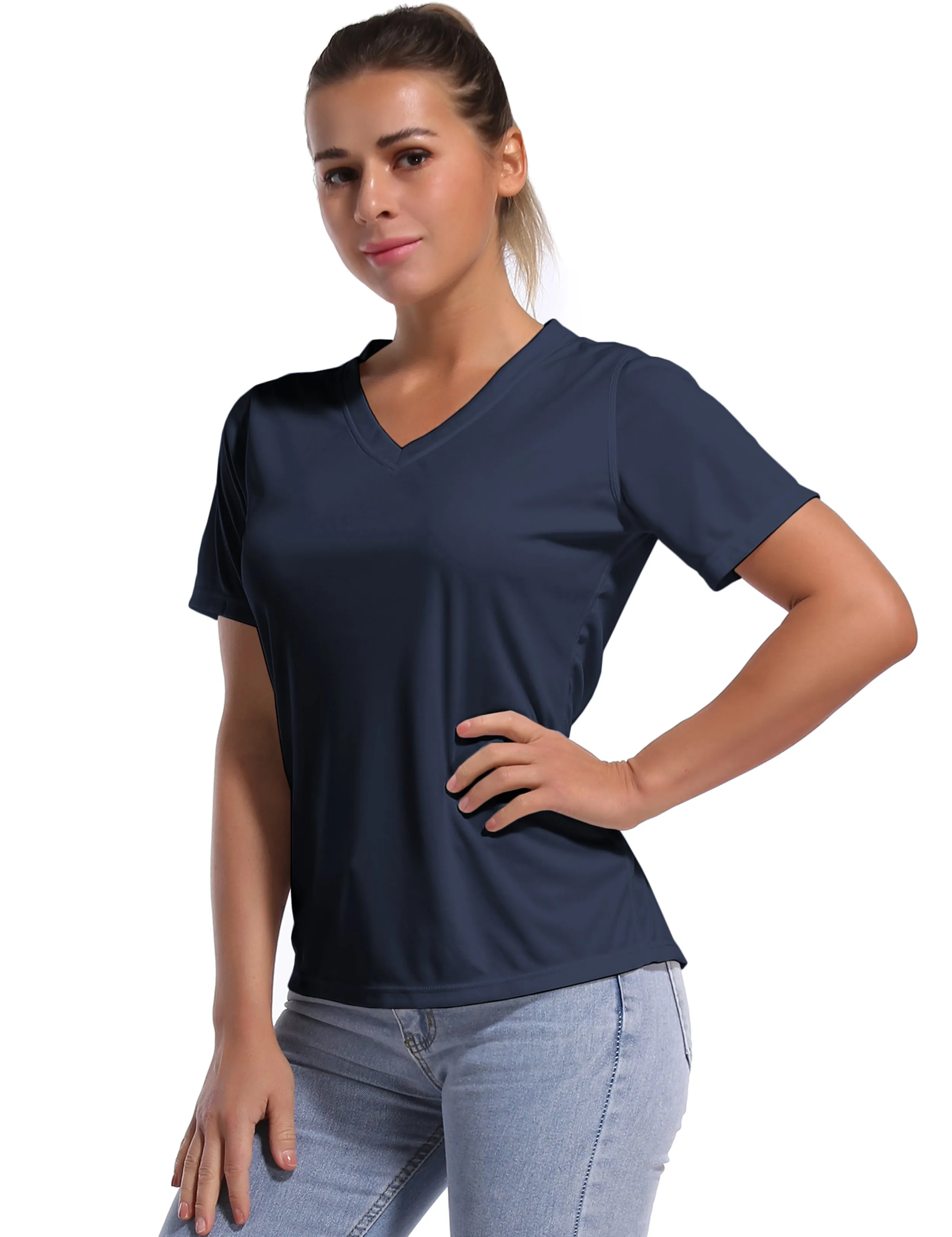 V-Neck Short Sleeve Athletic Shirts darknavy_Gym