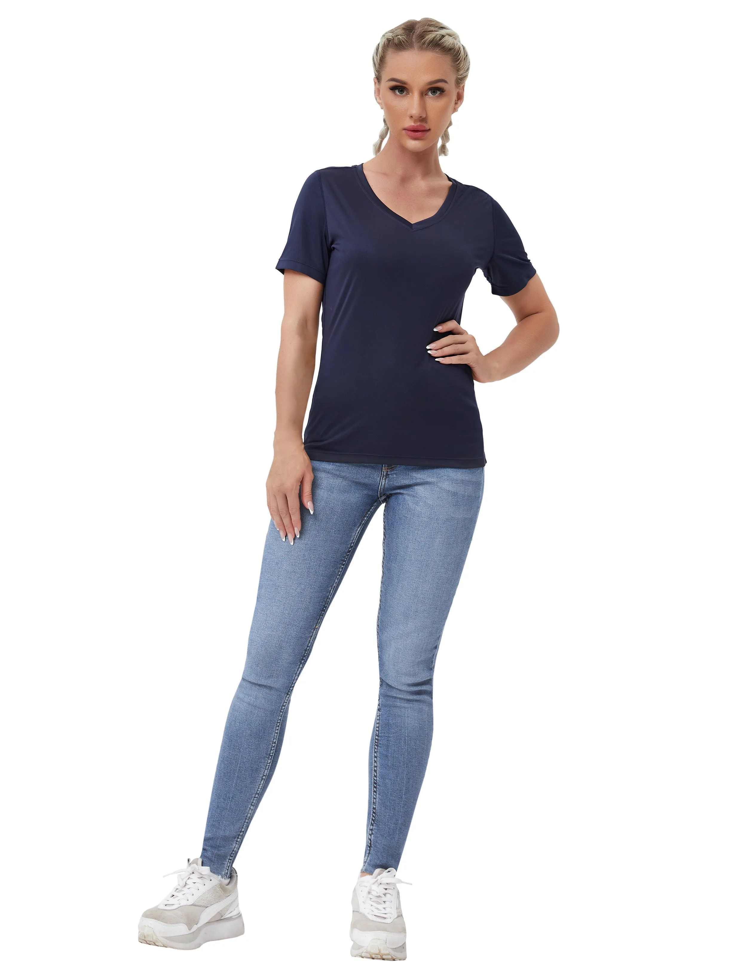 V-Neck Short Sleeve Athletic Shirts darknavy_Gym