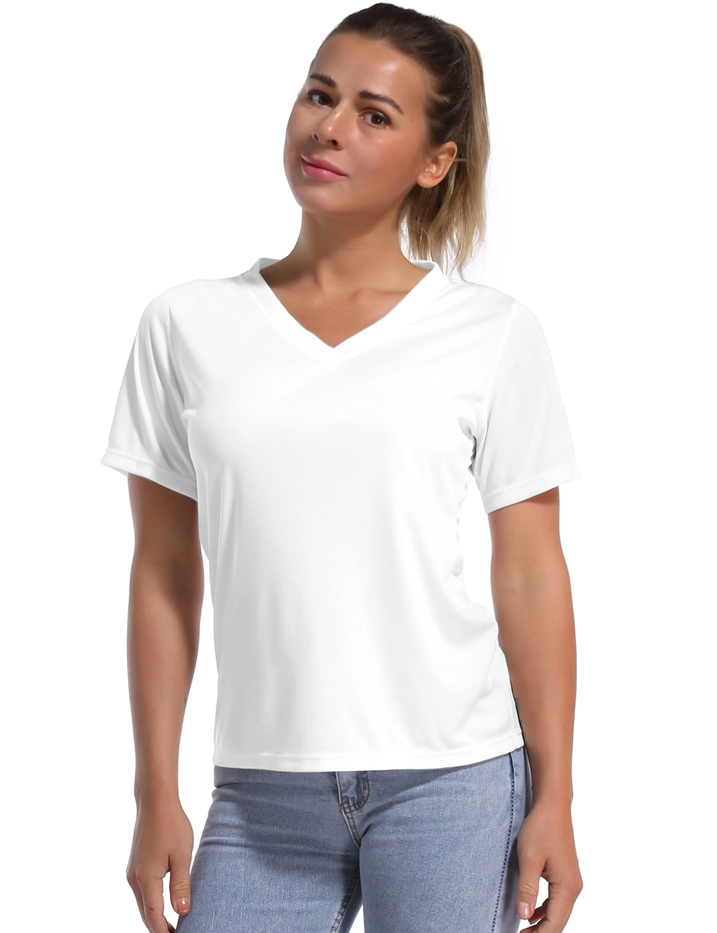V-Neck Short Sleeve Athletic Shirts white_yoga