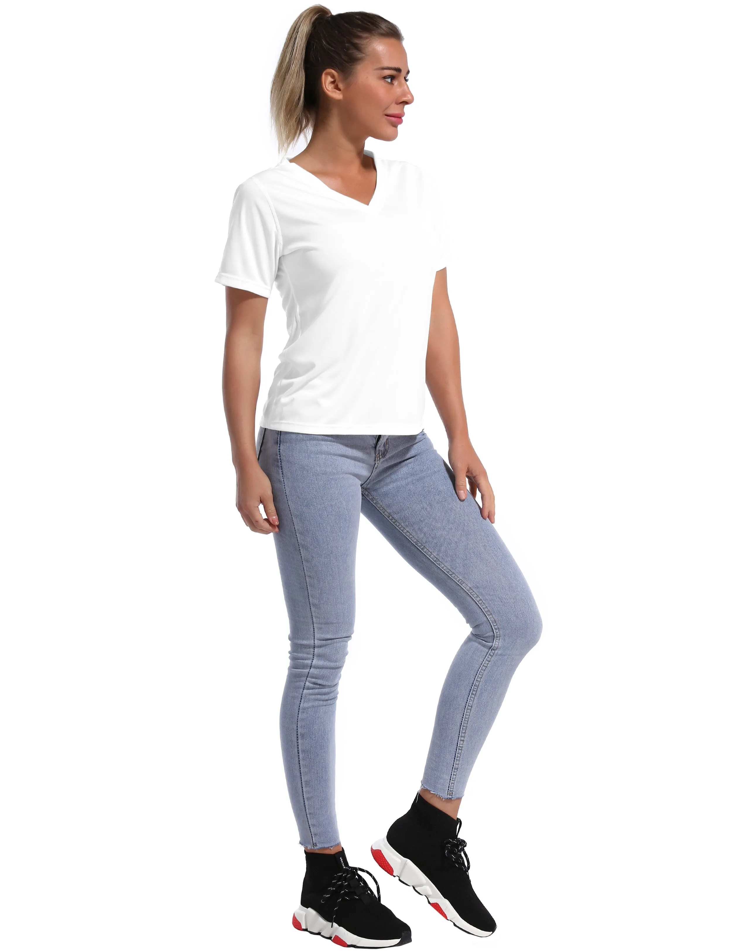 V-Neck Short Sleeve Athletic Shirts white_yoga