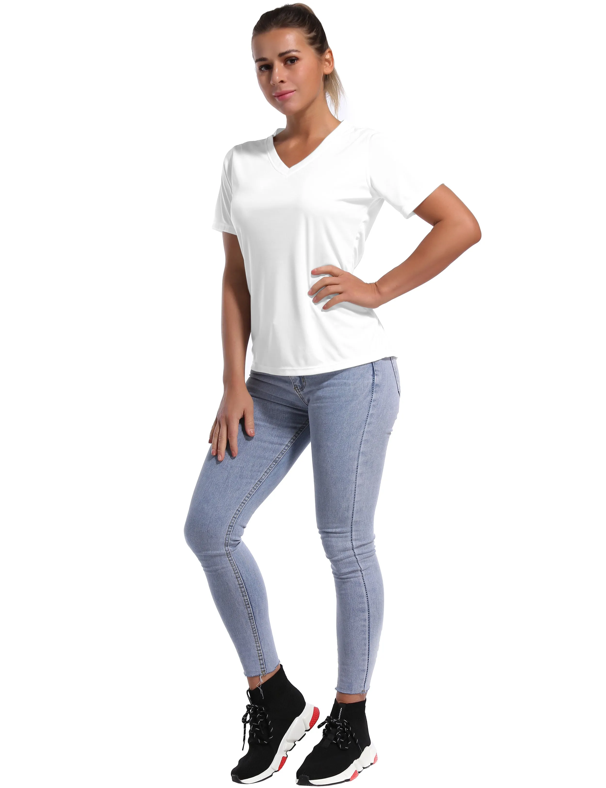 V-Neck Short Sleeve Athletic Shirts white_yoga