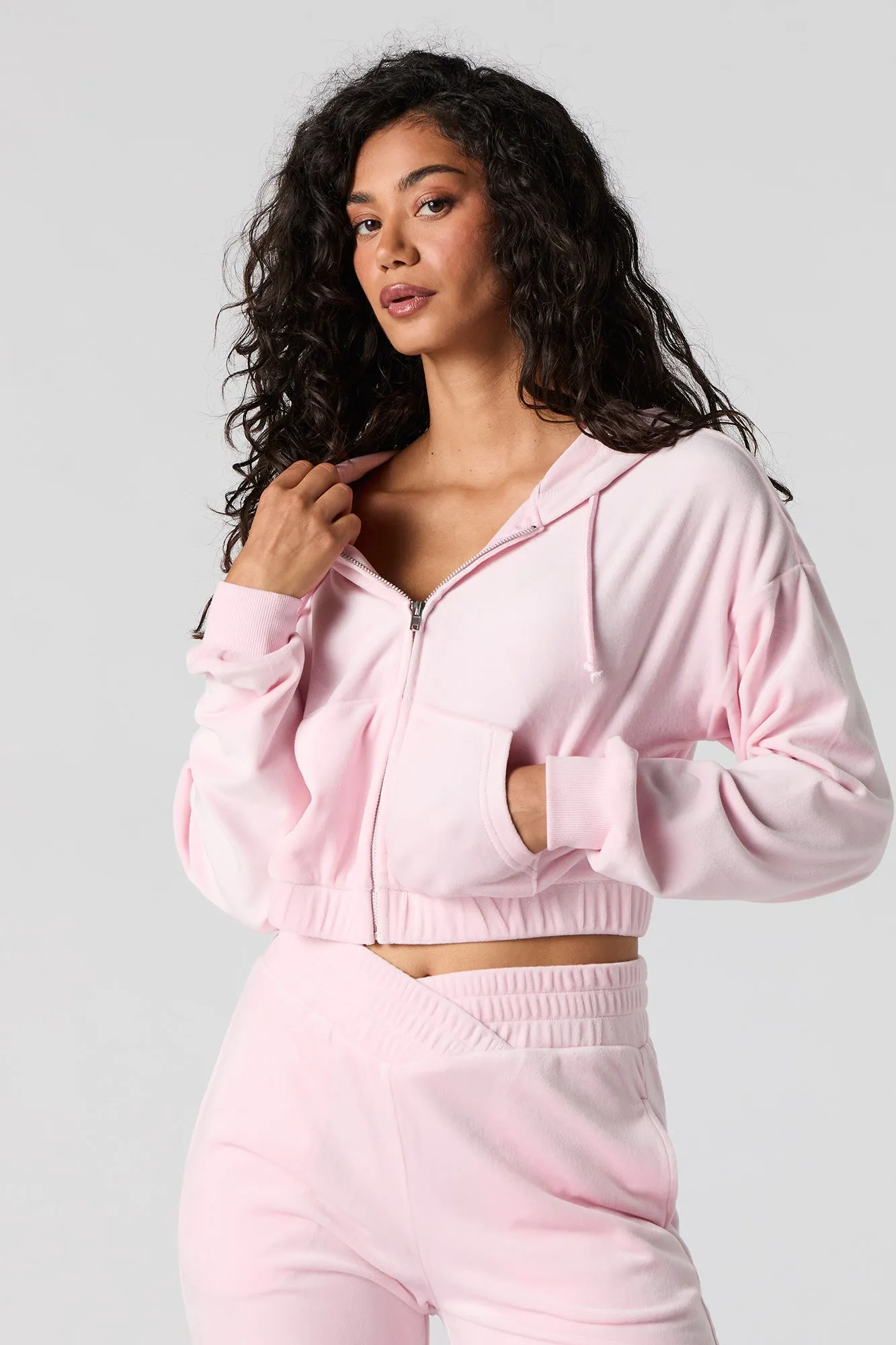 Velour Cropped Zip-Up Hoodie