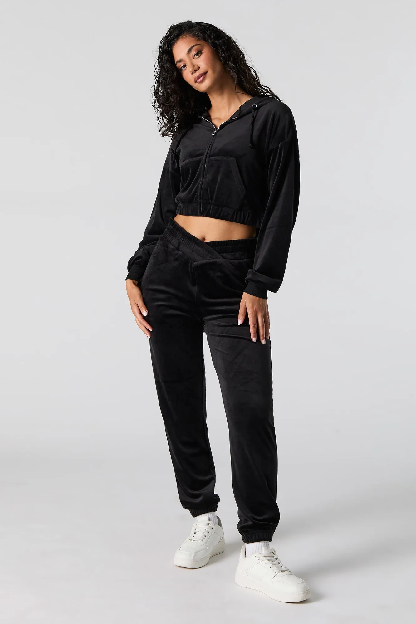 Velour Cropped Zip-Up Hoodie