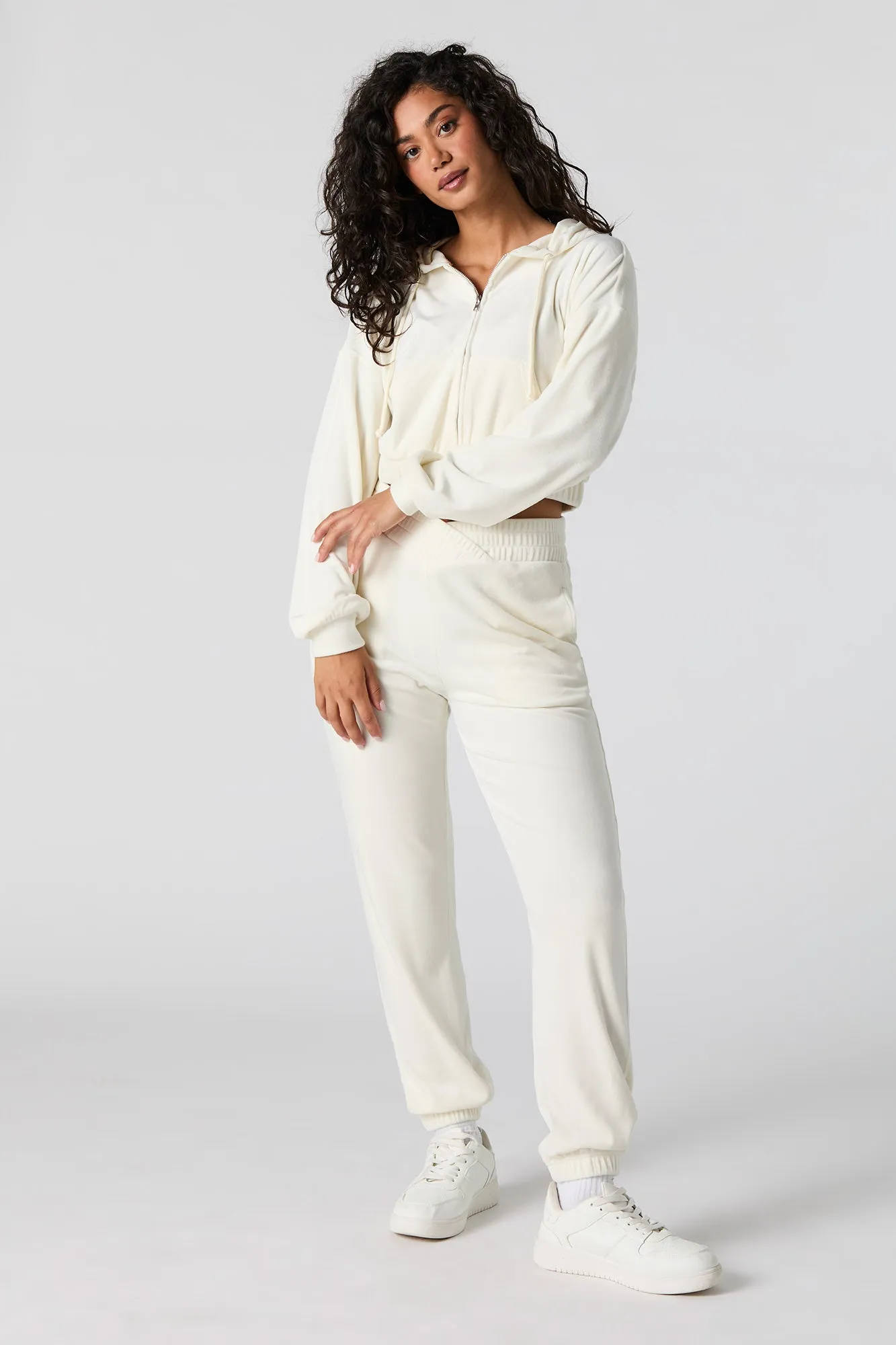 Velour Cropped Zip-Up Hoodie
