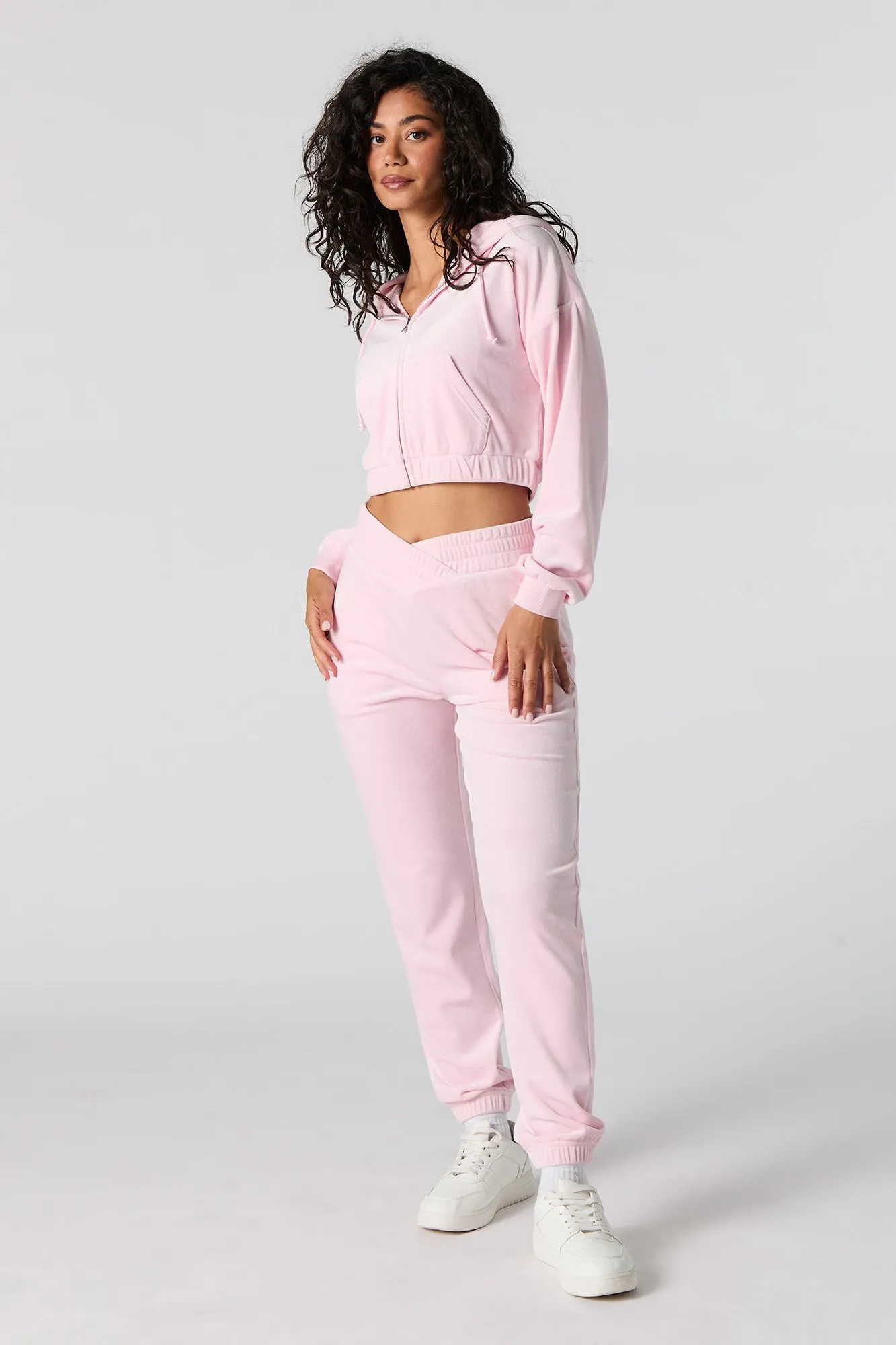 Velour Cropped Zip-Up Hoodie