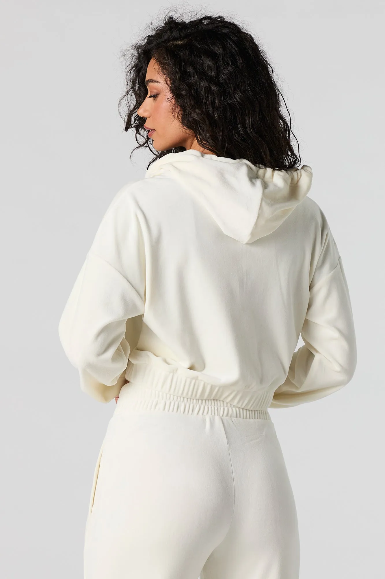 Velour Cropped Zip-Up Hoodie