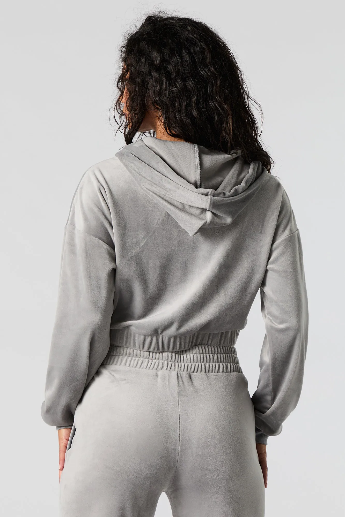 Velour Cropped Zip-Up Hoodie