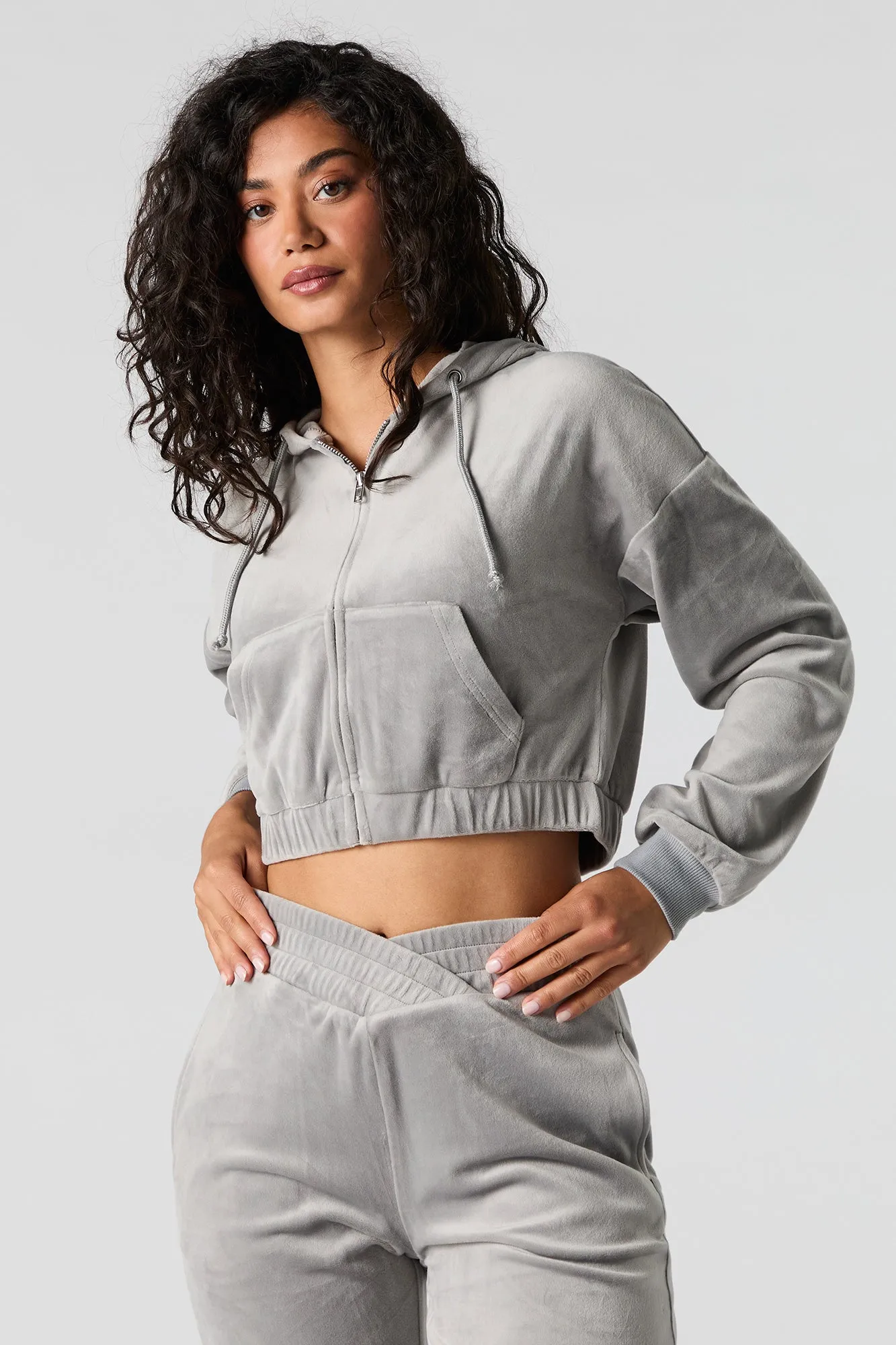 Velour Cropped Zip-Up Hoodie